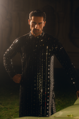 Black Tropical Silk Embroidered Kurta Farshi Shalwar Set