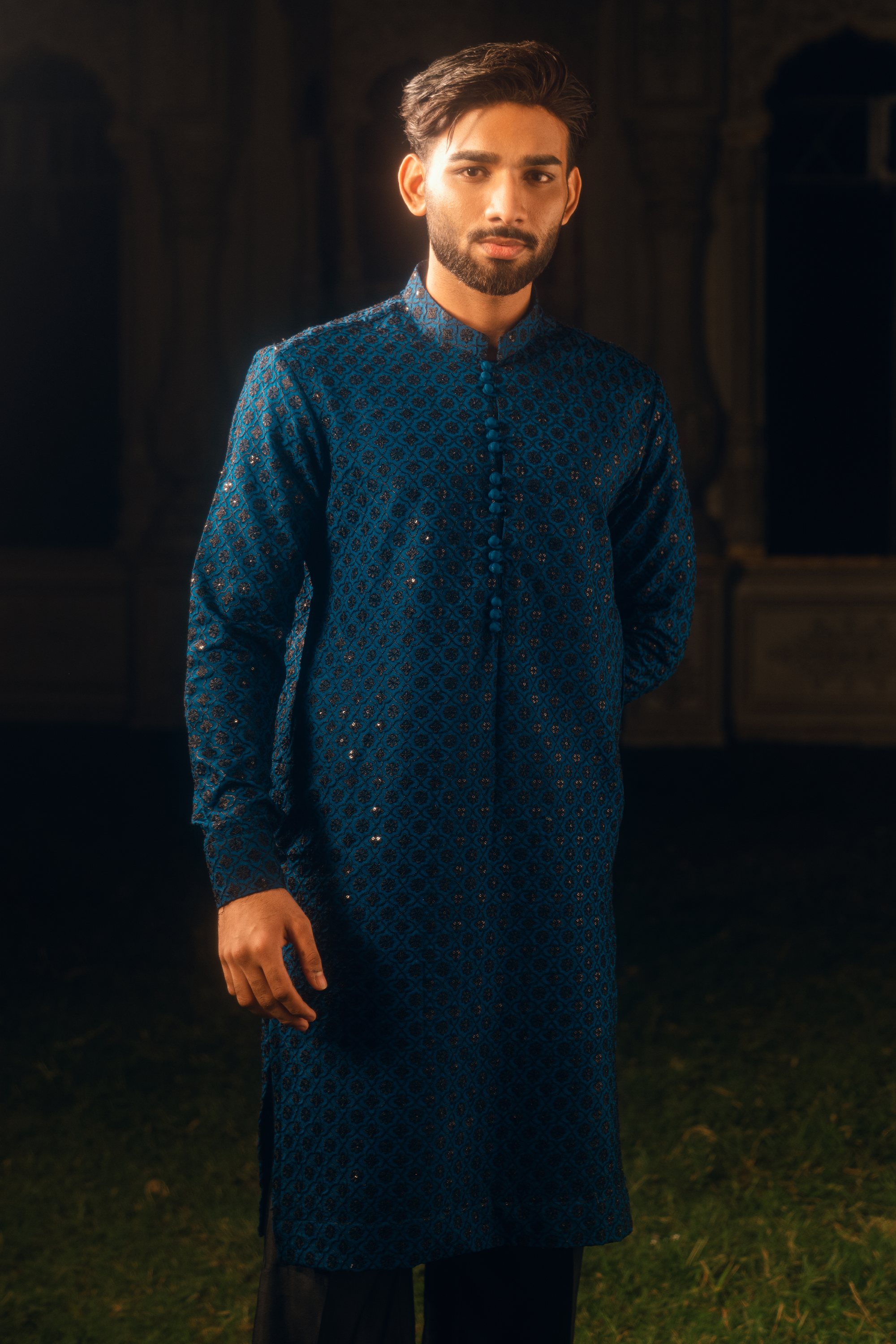 Deep Teal Blue Tropical Silk Embroidered Kurta Farshi Shalwar Set