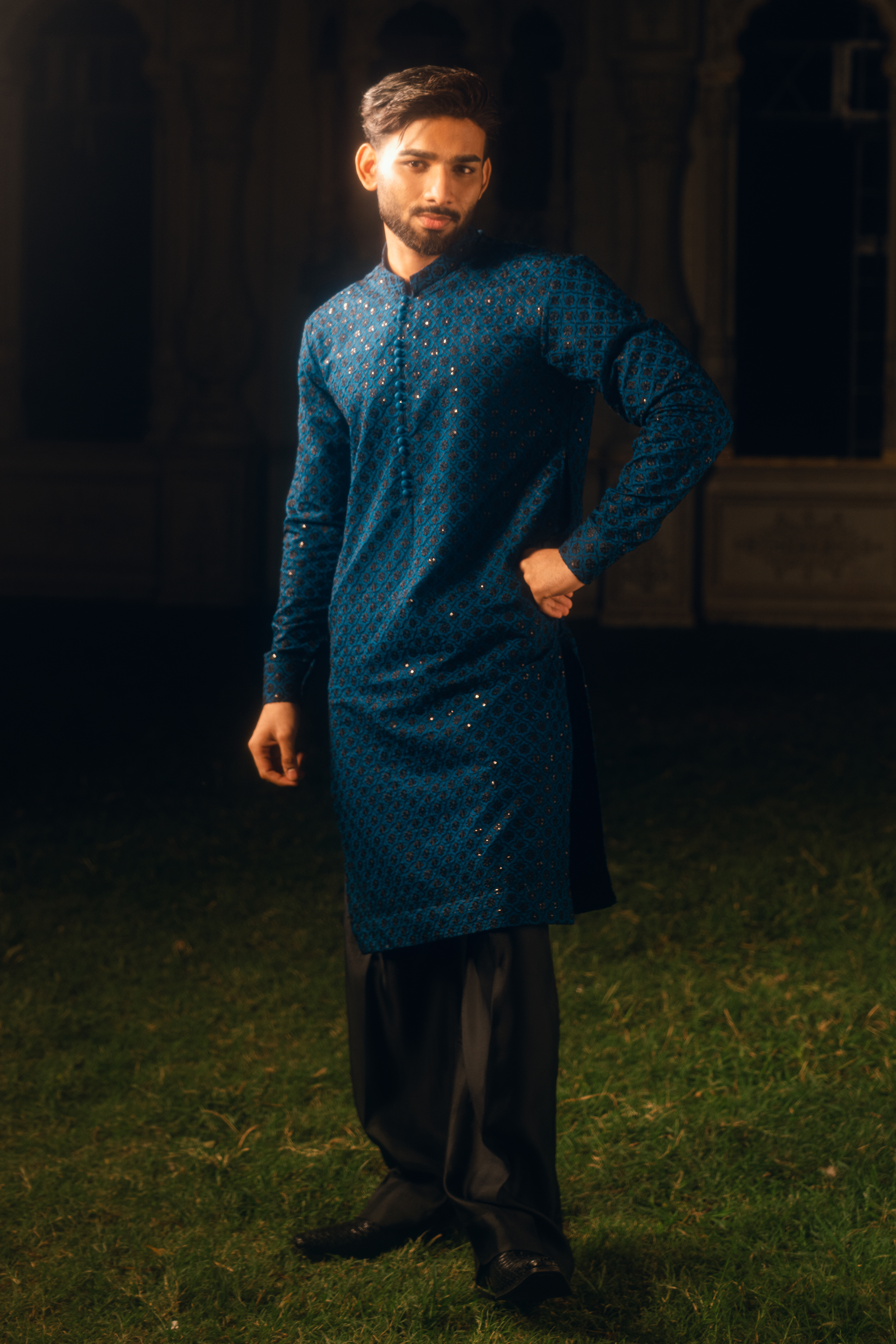 Deep Teal Blue Tropical Silk Embroidered Kurta Farshi Shalwar Set