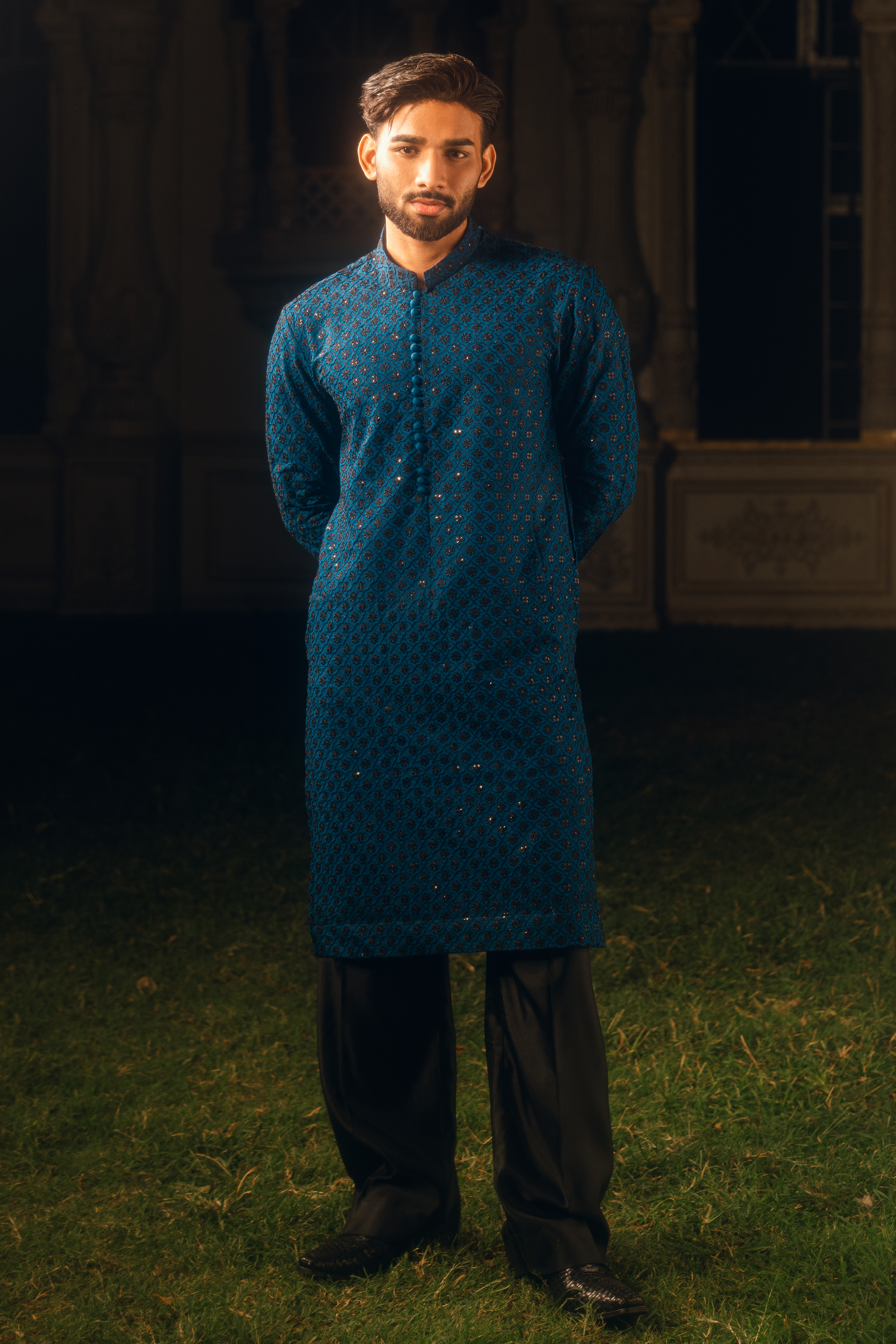 Deep Teal Blue Tropical Silk Embroidered Kurta Farshi Shalwar Set