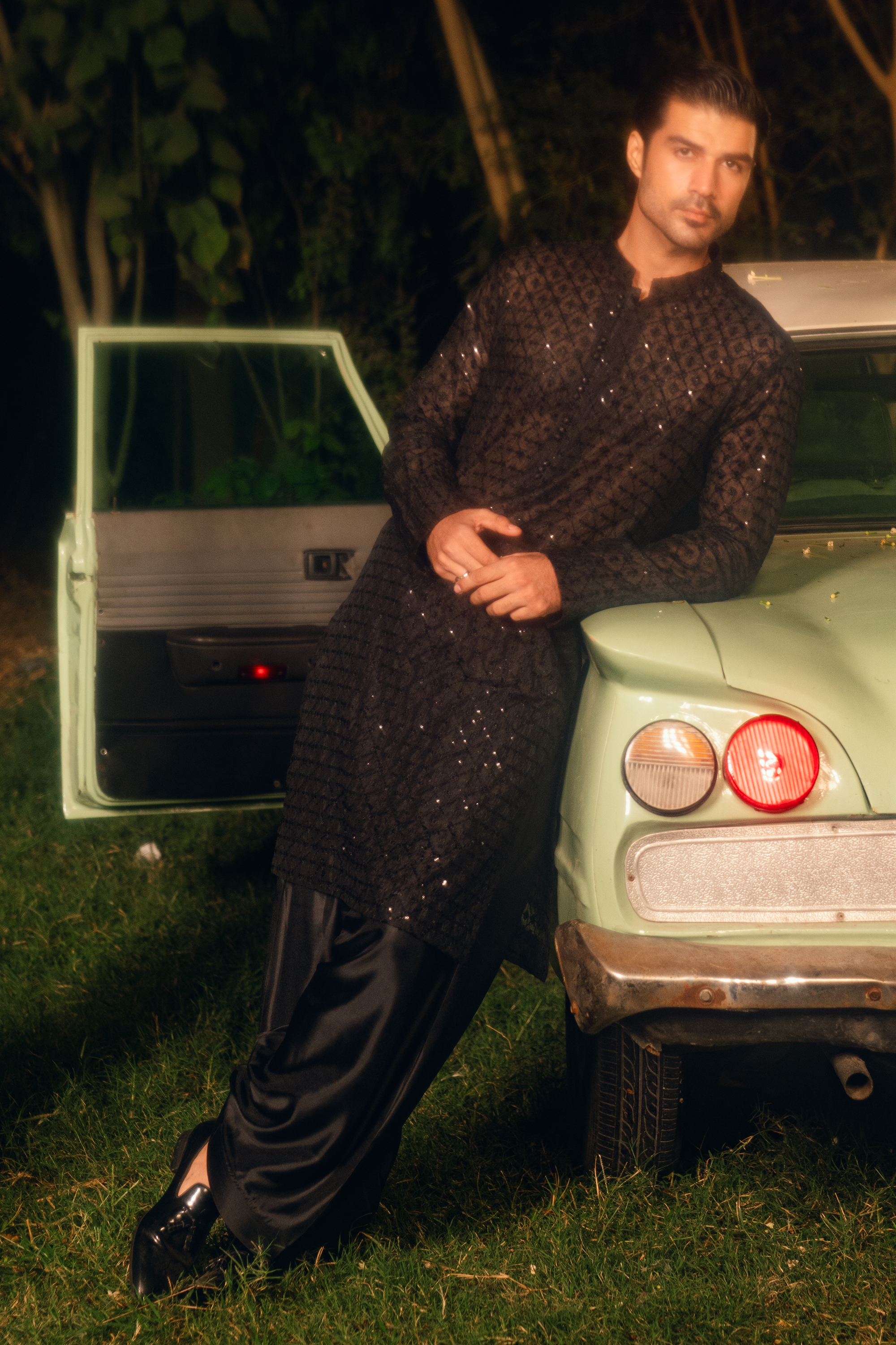 Onyx Black Tropical Silk Kurta & Farshi Shalwar