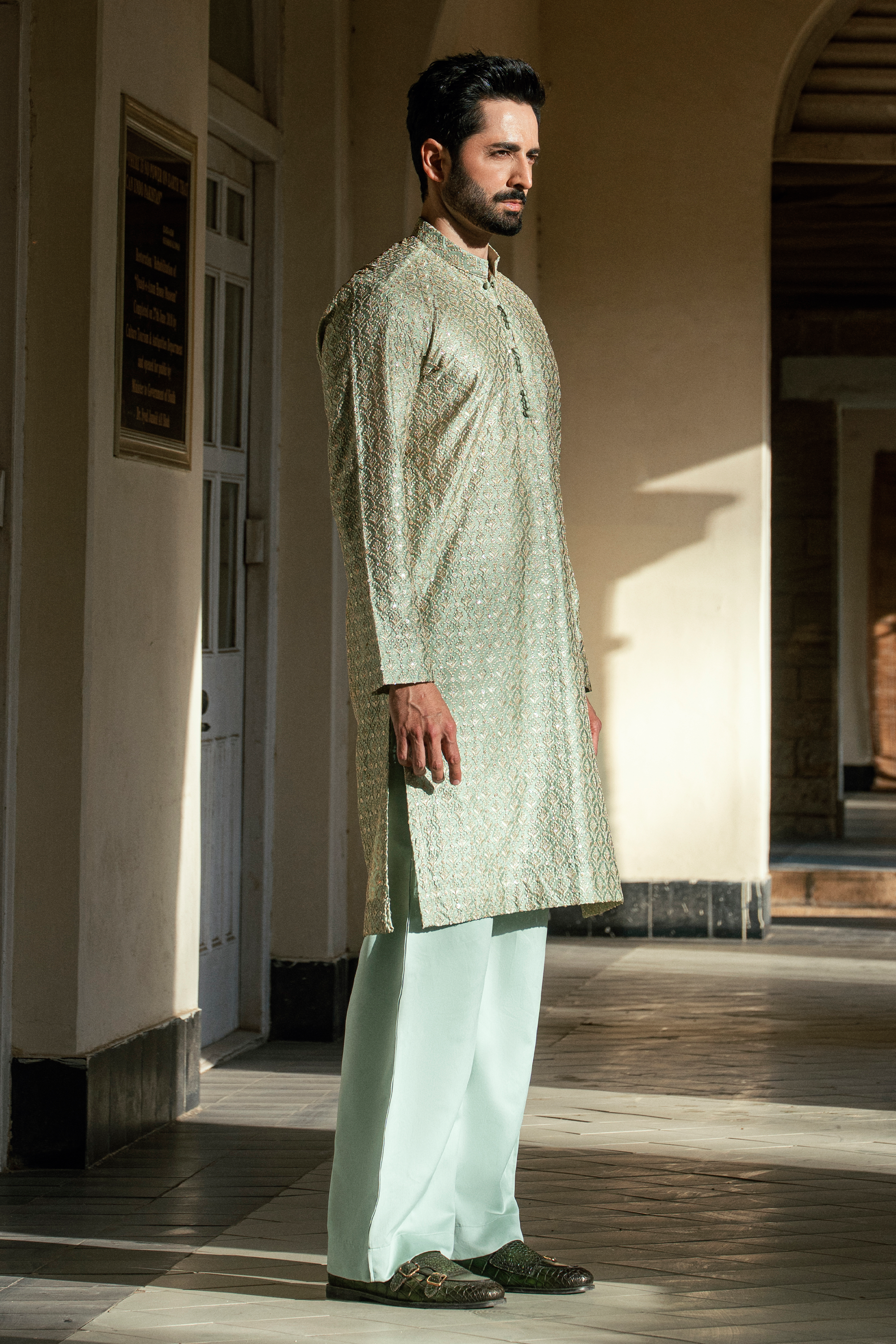Slate Green Kurta & Pajama Set with Pleated Collar