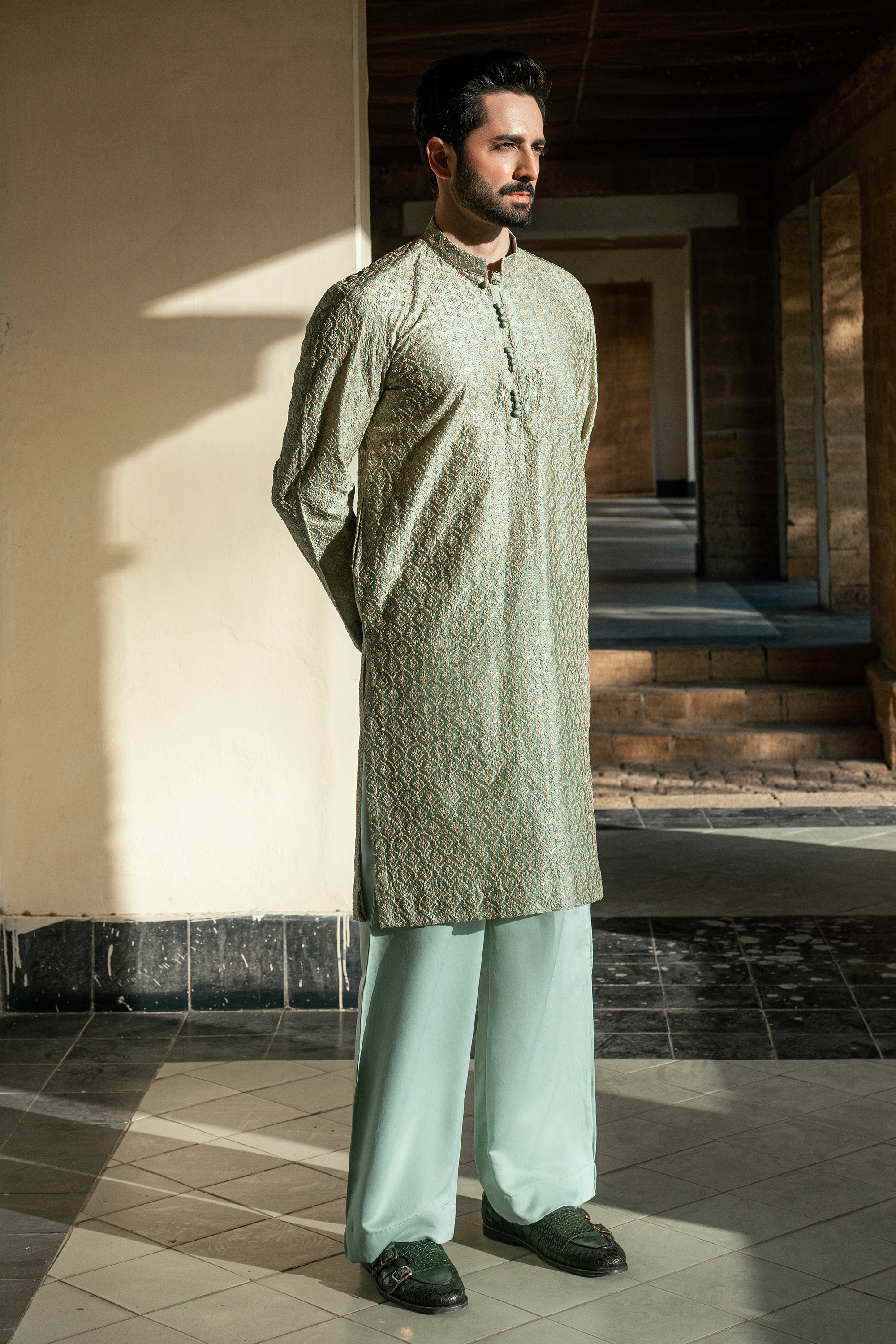 Slate Green Kurta & Pajama Set with Pleated Collar