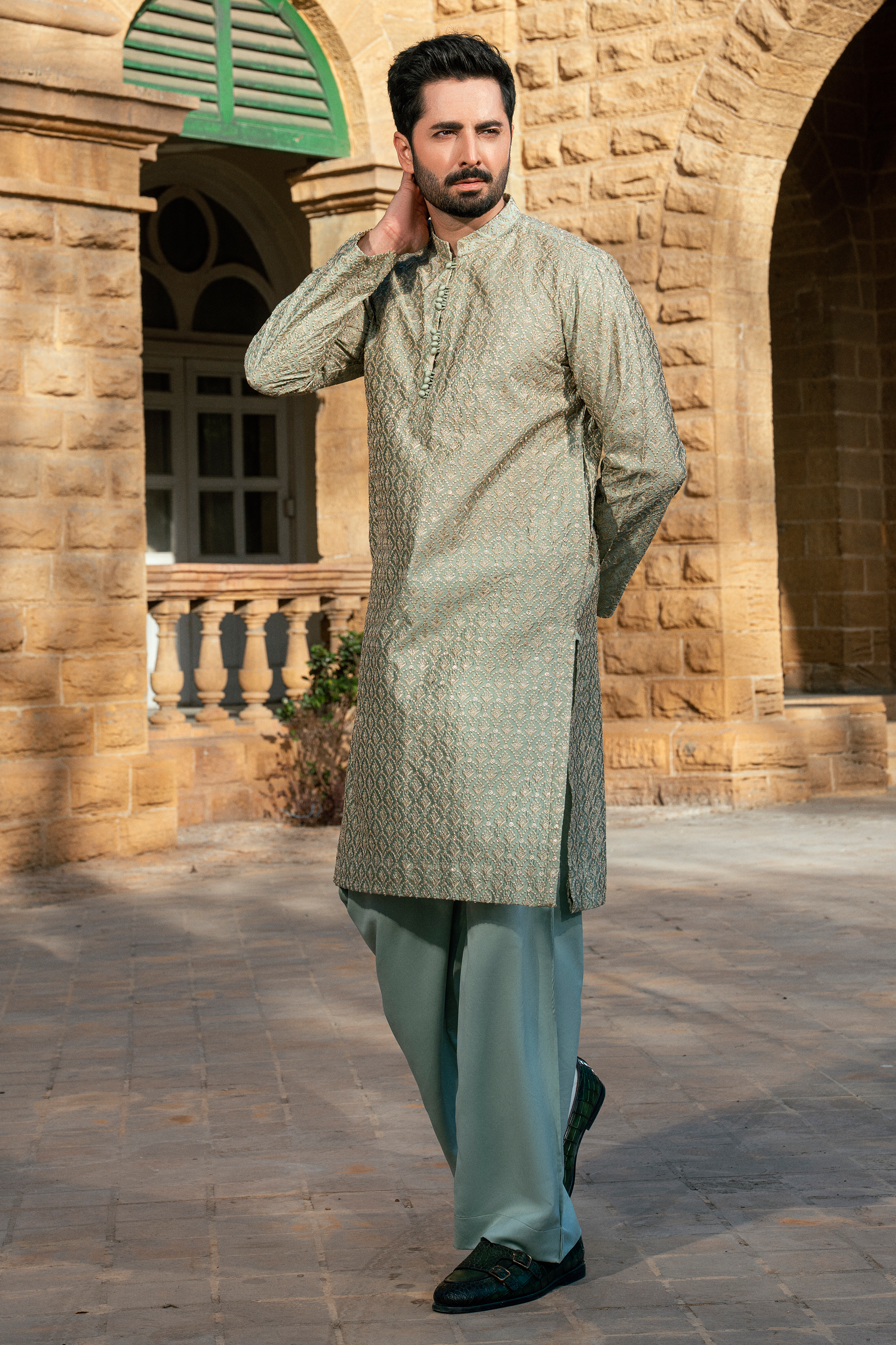 Slate Green Kurta & Pajama Set with Pleated Collar