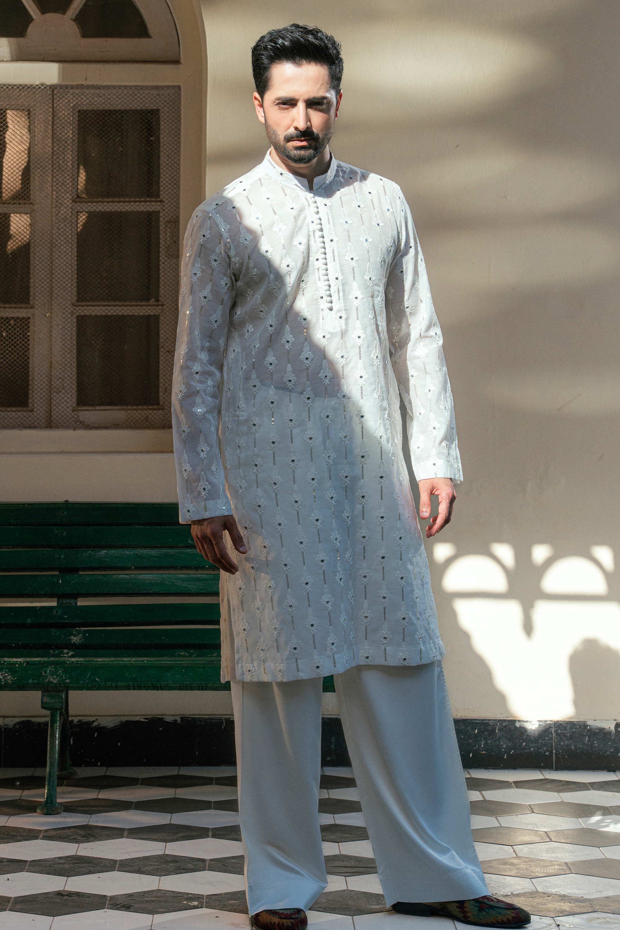 Salt White Kurta Pajama with Embellished Motifs and Pleated Collar