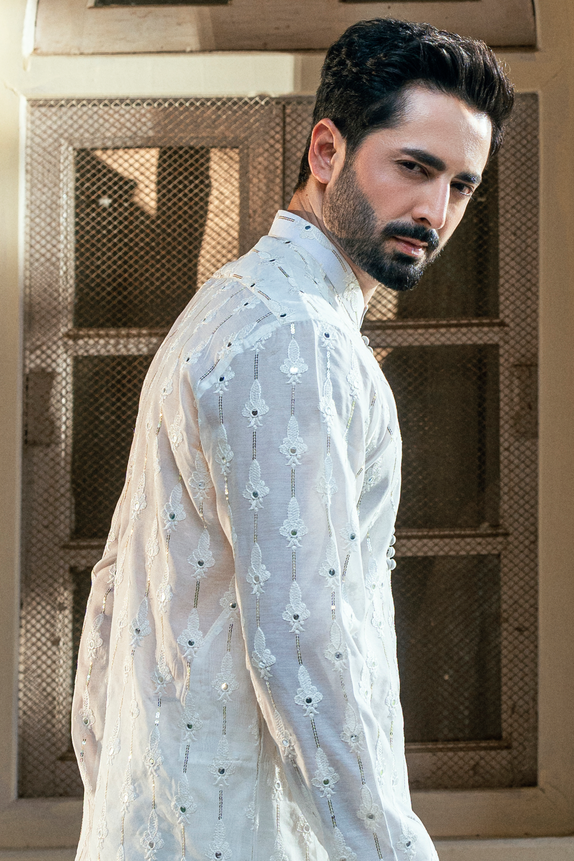 Salt White Kurta Pajama with Embellished Motifs and Pleated Collar