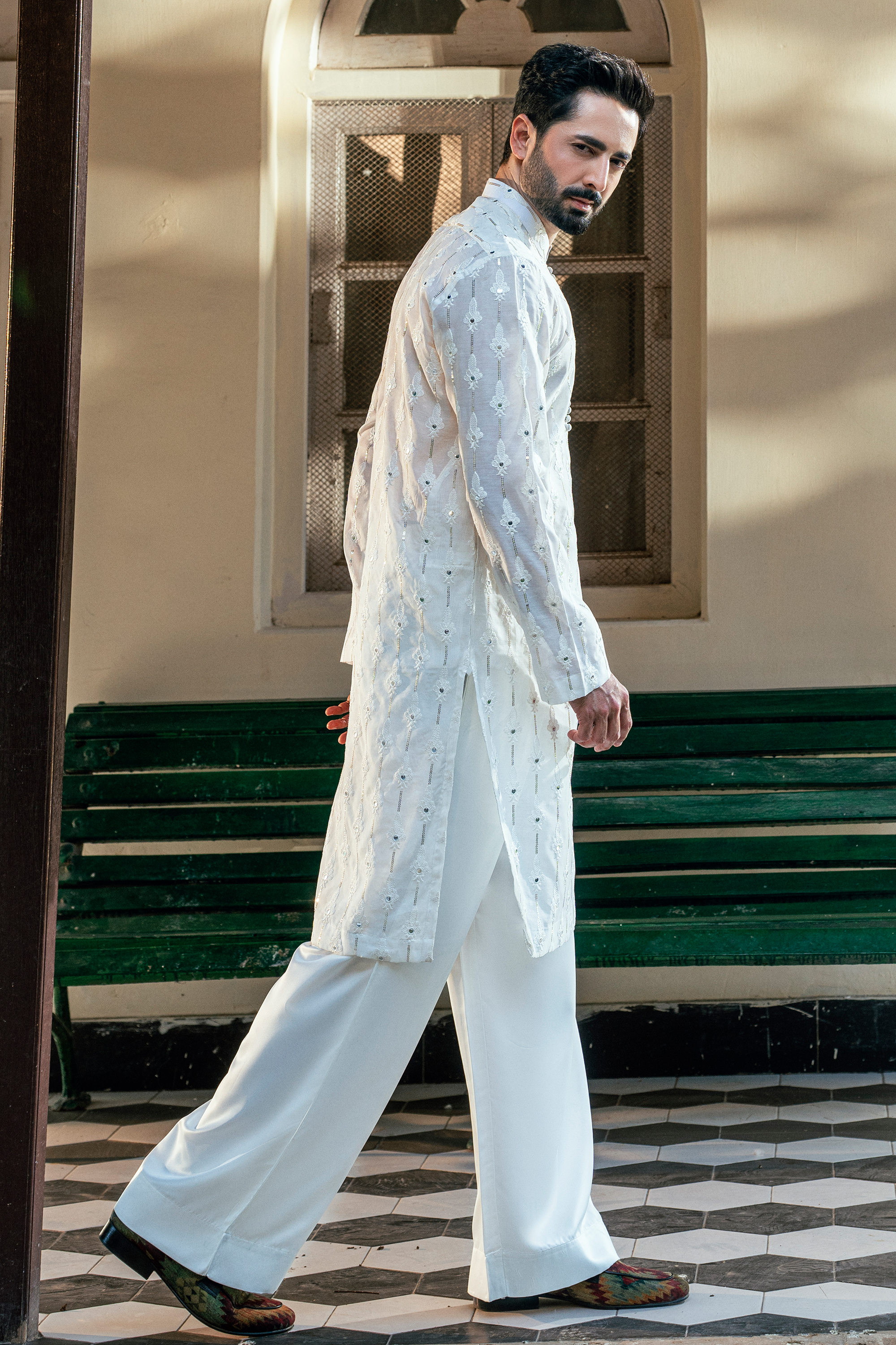 Salt White Kurta Pajama with Embellished Motifs and Pleated Collar