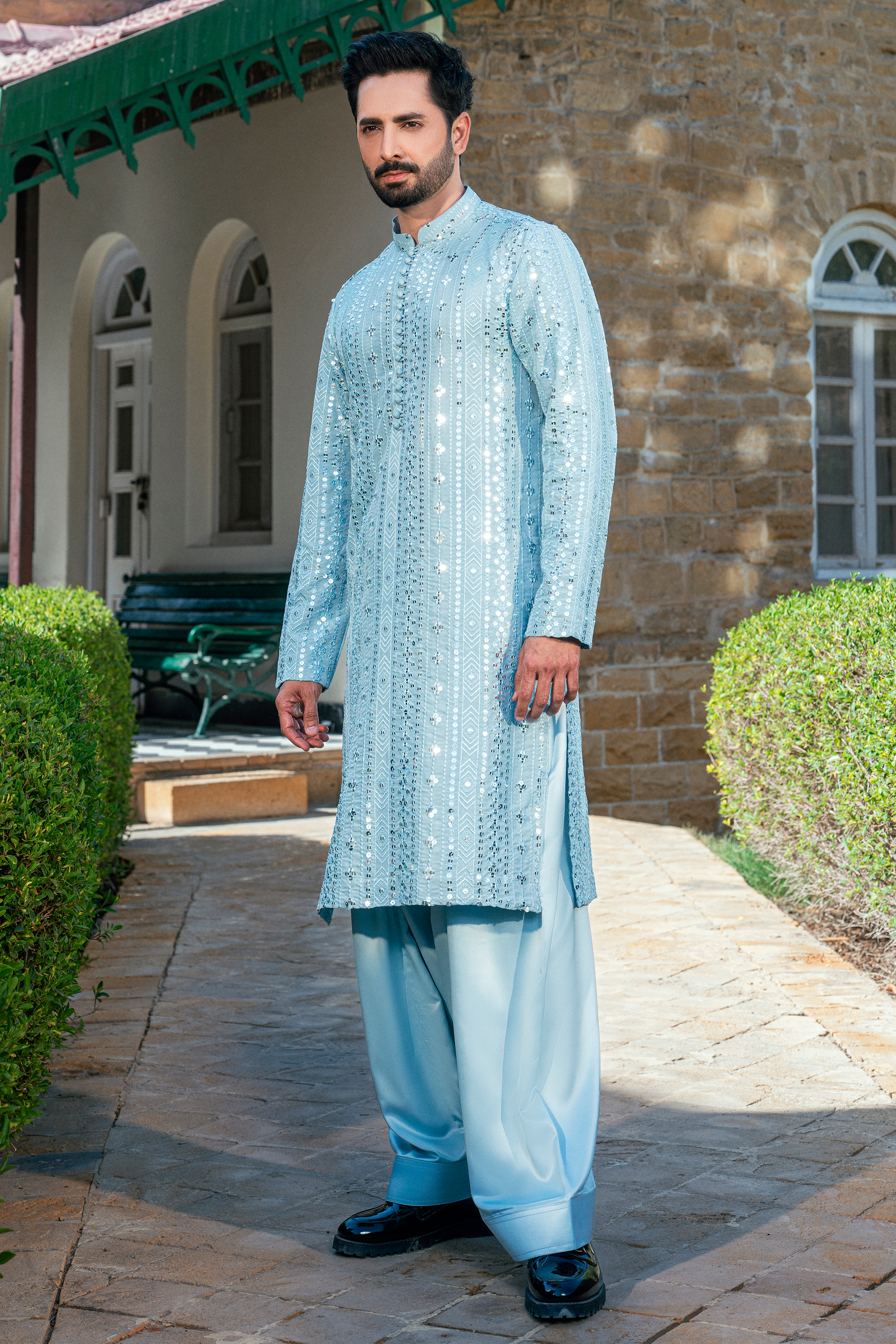 Pleated Collar Kurta Shalwar in Ice Blue and White