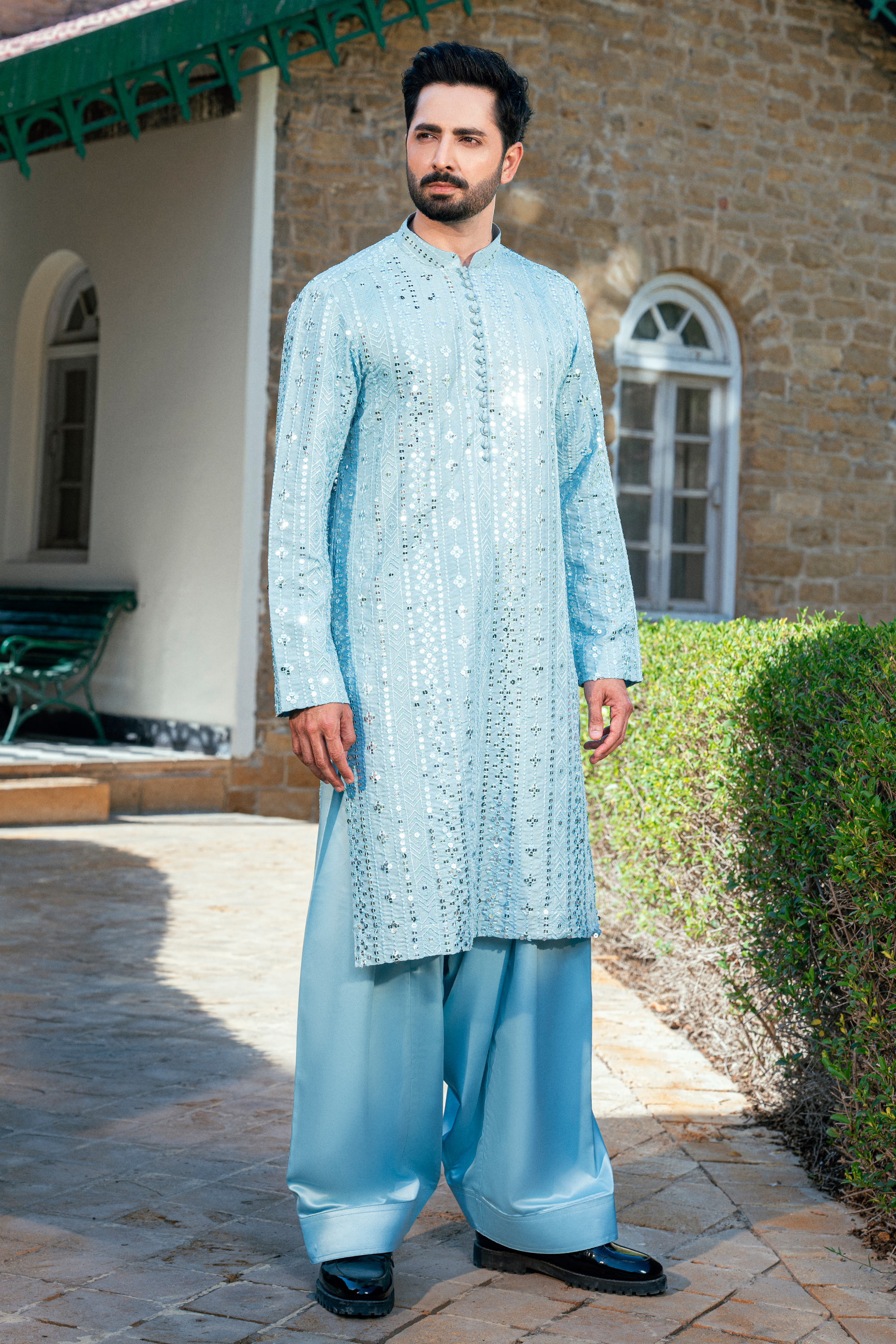 Pleated Collar Kurta Shalwar in Ice Blue and White