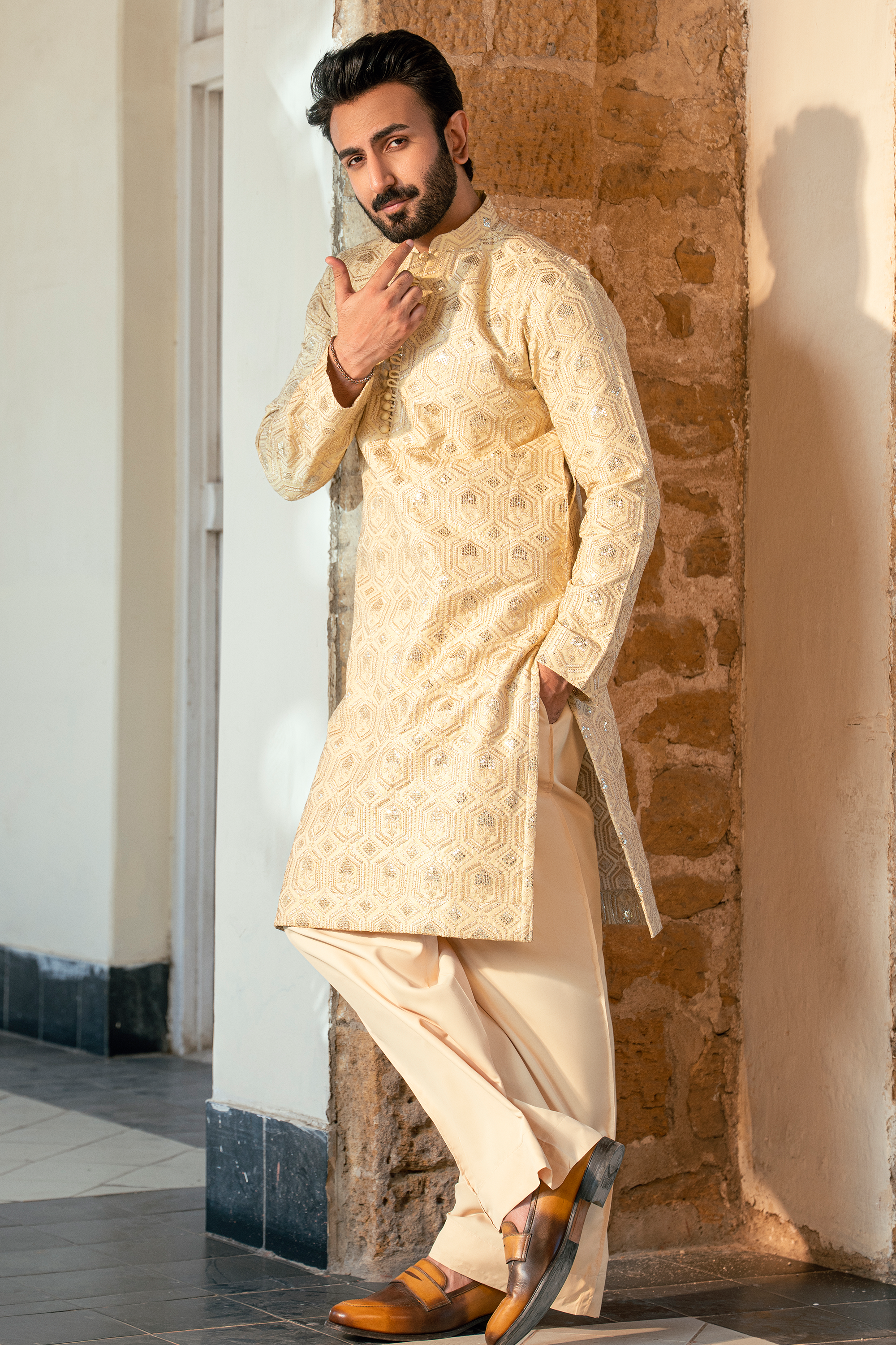 Embroidered Buff Gold Kurta Pajama with Loop Button Closures