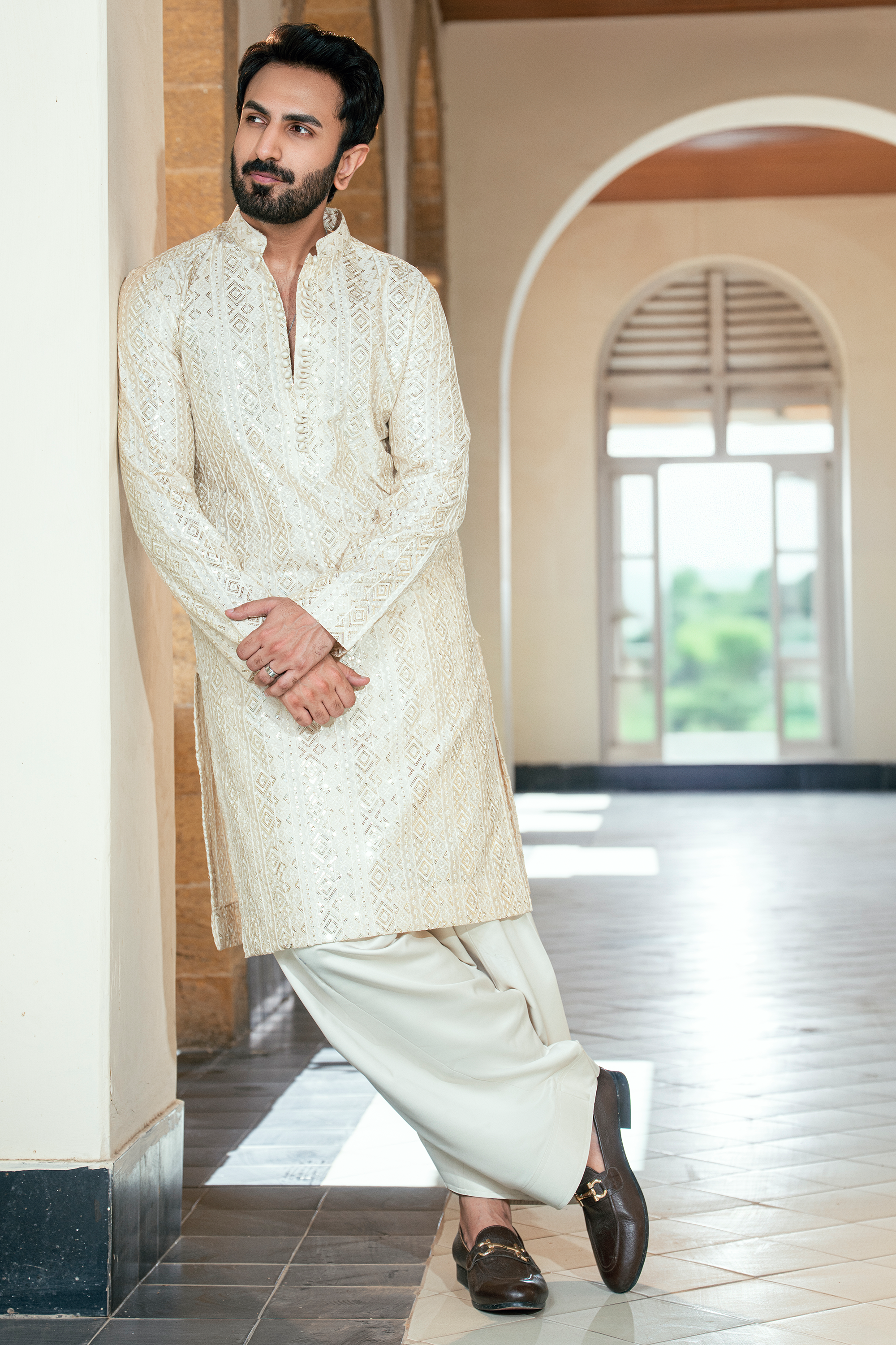 Ivory White Embroidered Kurta & Shalwar Set