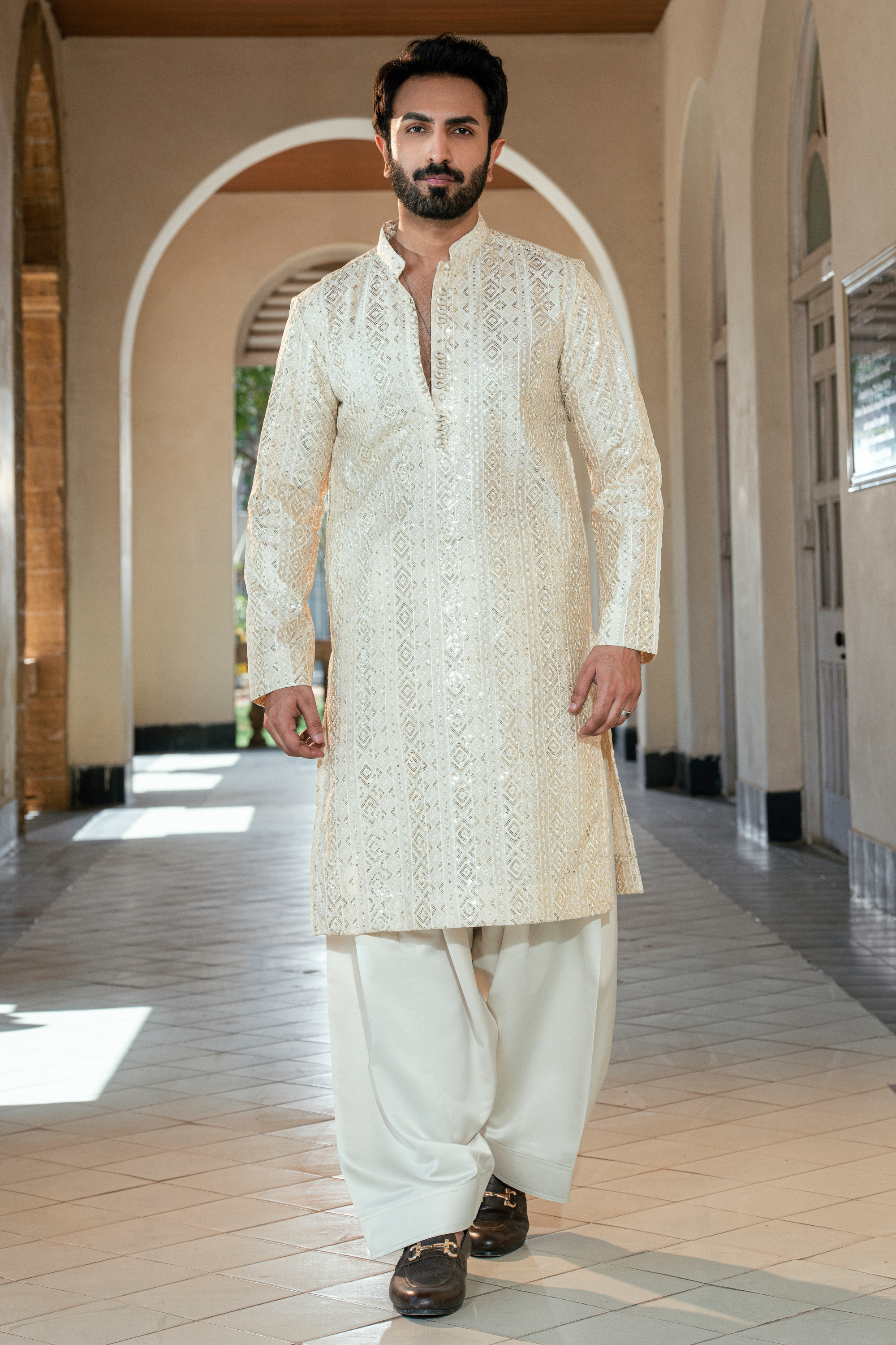 Ivory White Embroidered Kurta & Shalwar Set