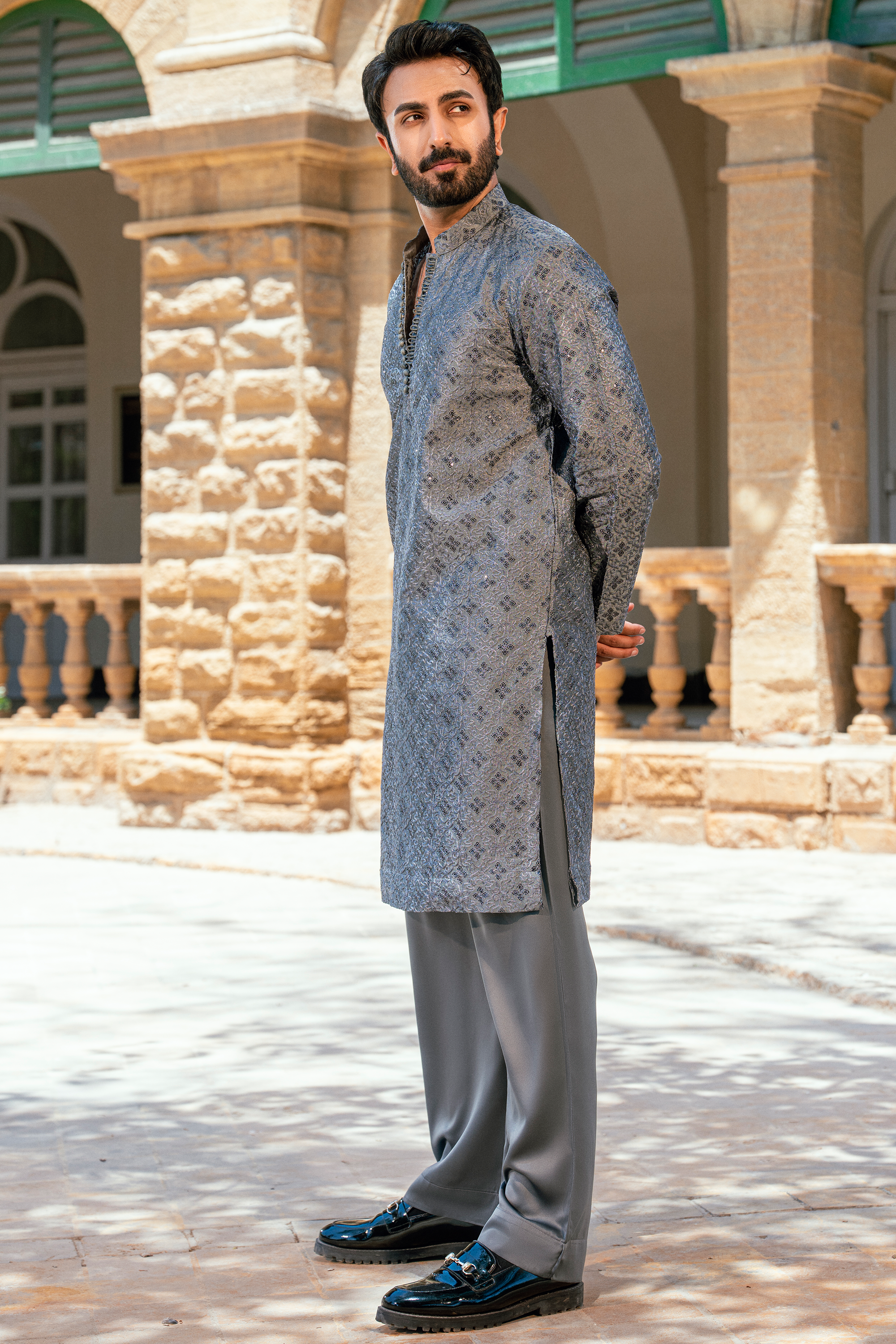 Slate Grey Embroidered Kurta Pajama with Floral Patterns
