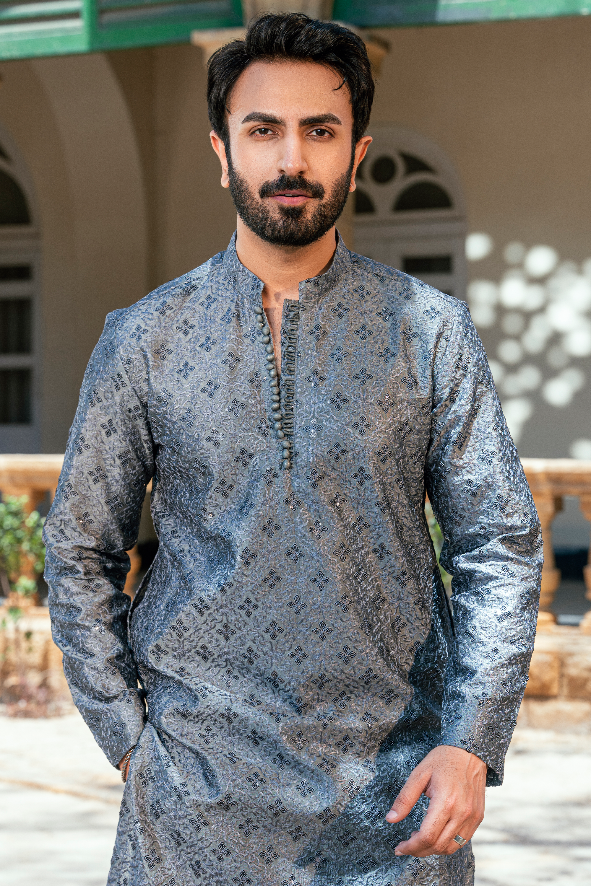 Slate Grey Embroidered Kurta Pajama with Floral Patterns