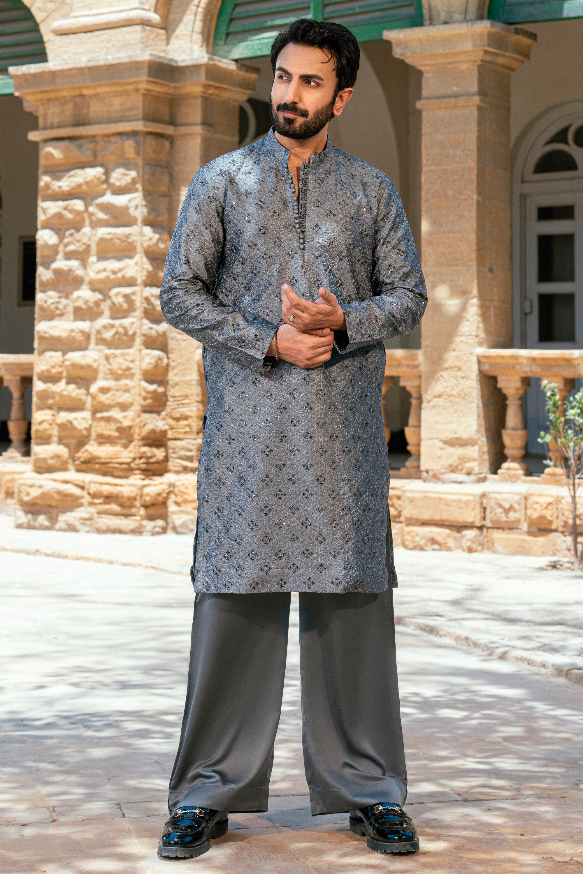 Slate Grey Embroidered Kurta Pajama with Floral Patterns