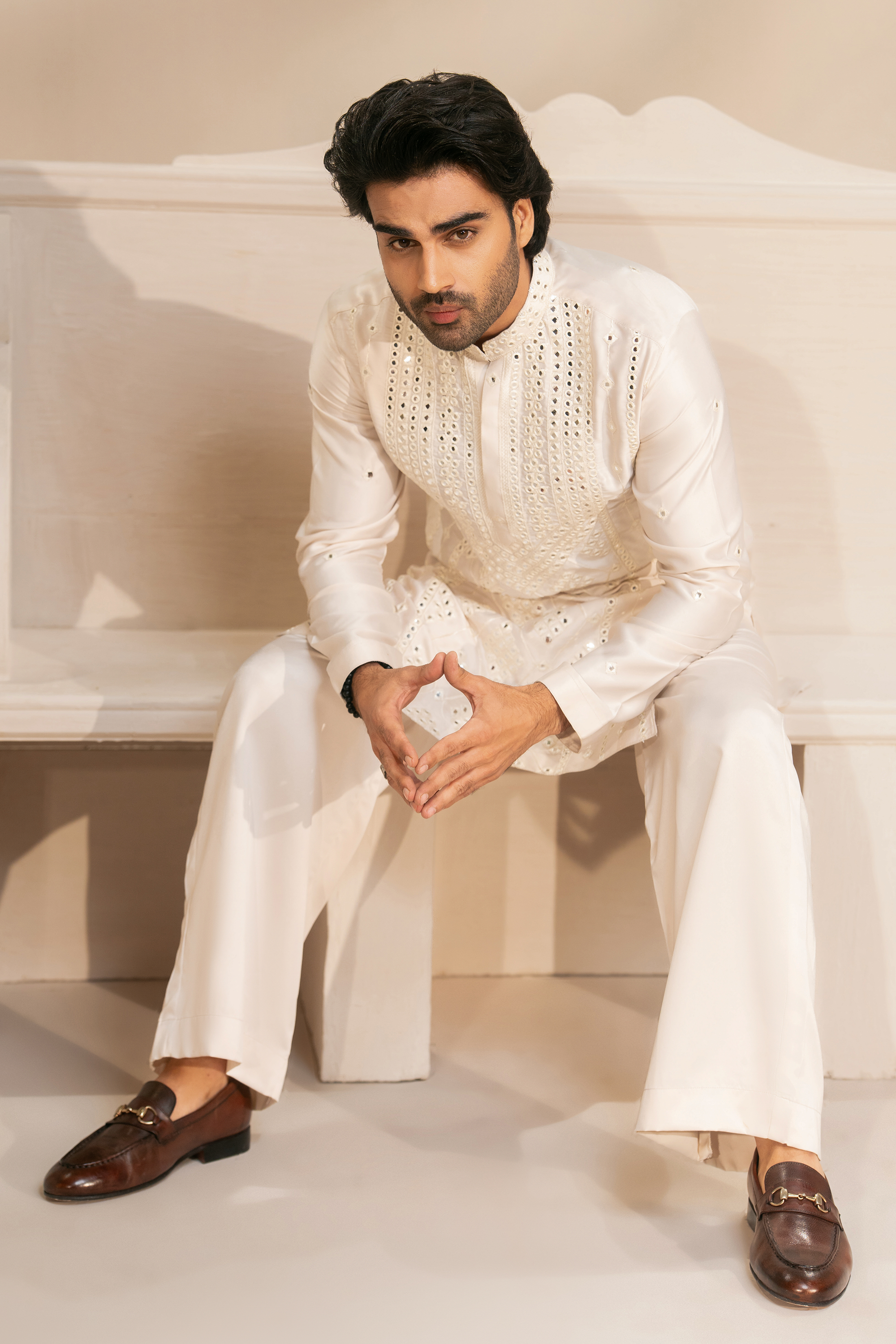 Lace Cream Kurta & Pajama Set