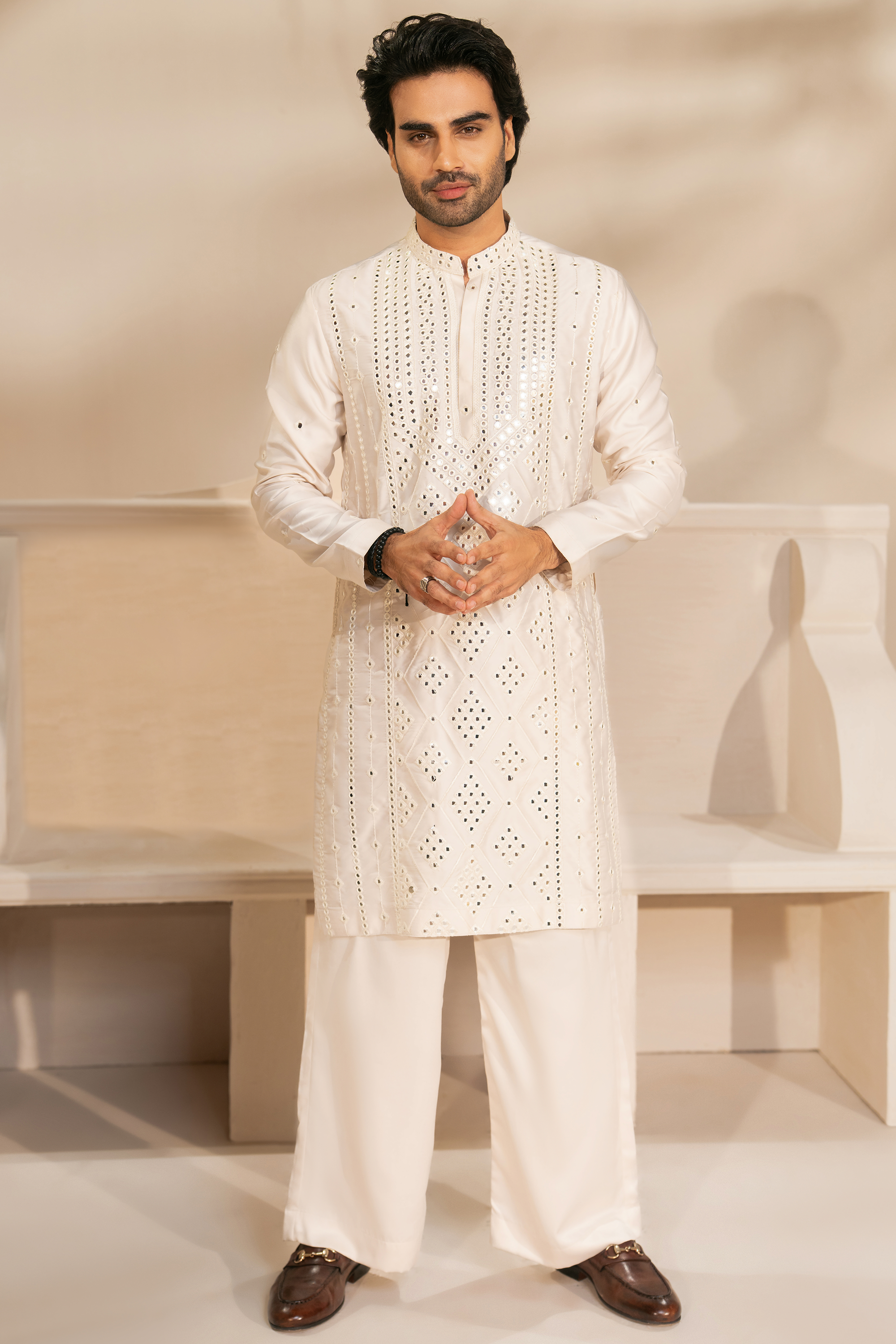 Lace Cream Kurta & Pajama Set