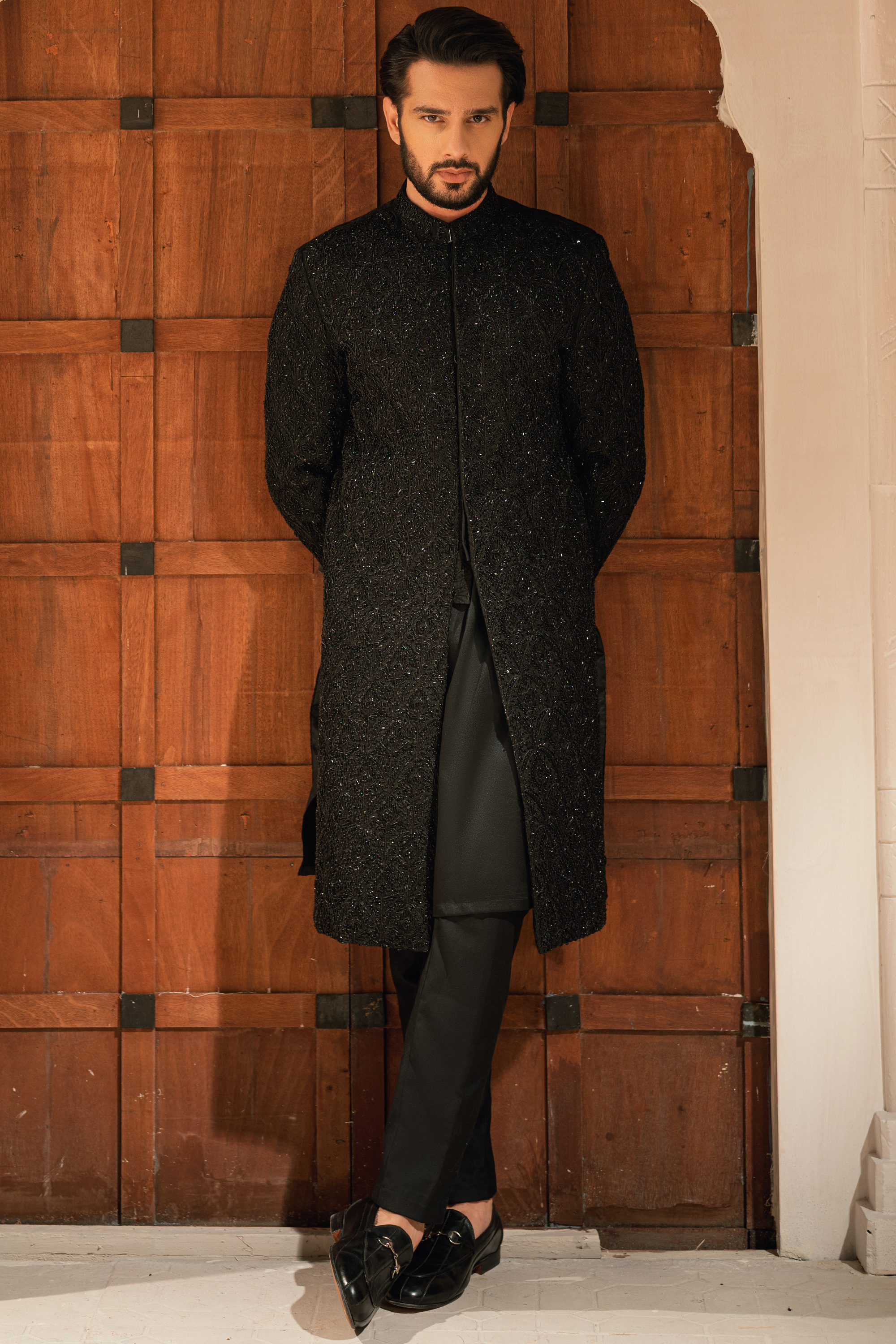ER - 110 Dark Black Embroidered Sherwani