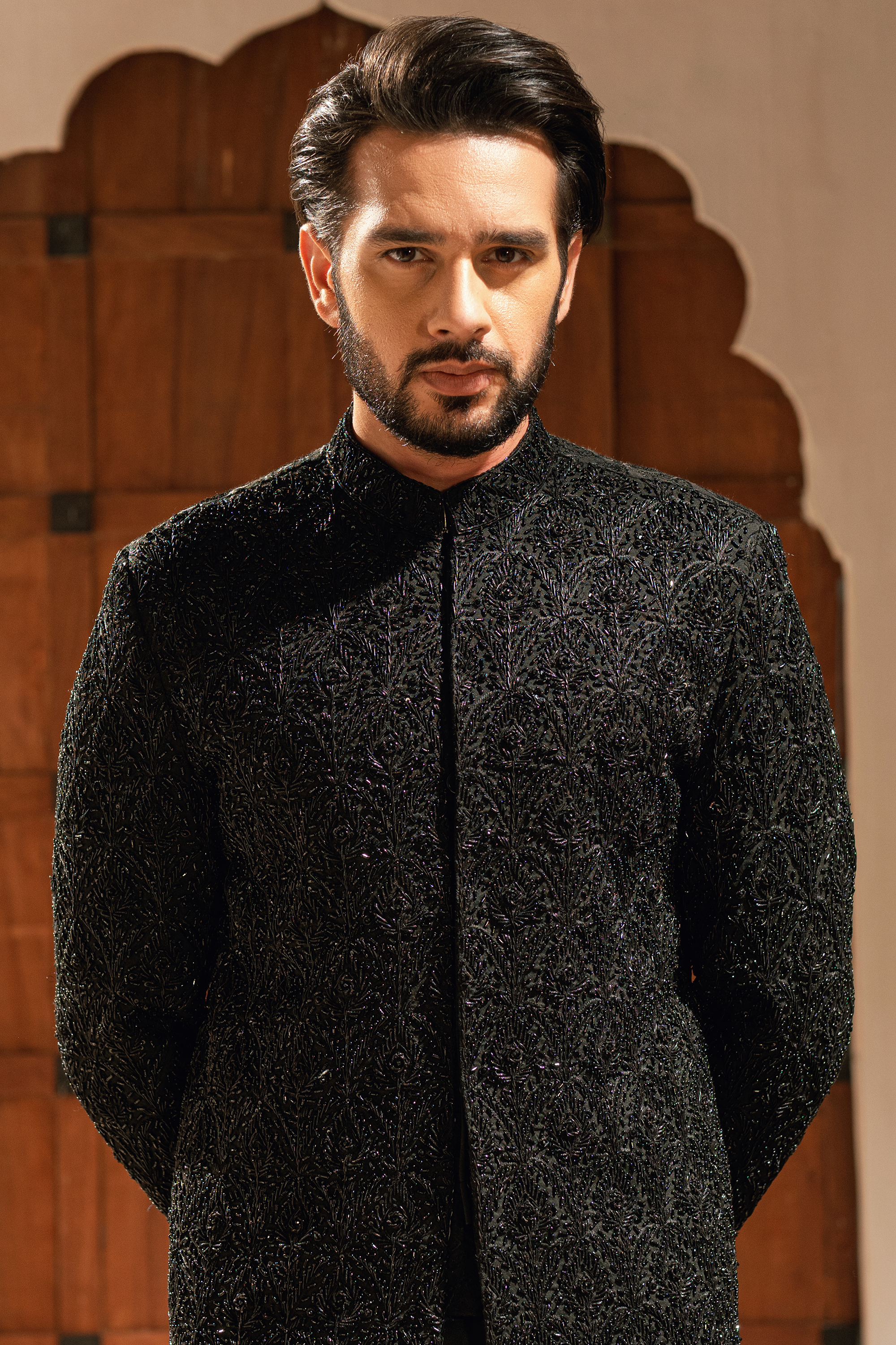 ER - 110 Dark Black Embroidered Sherwani