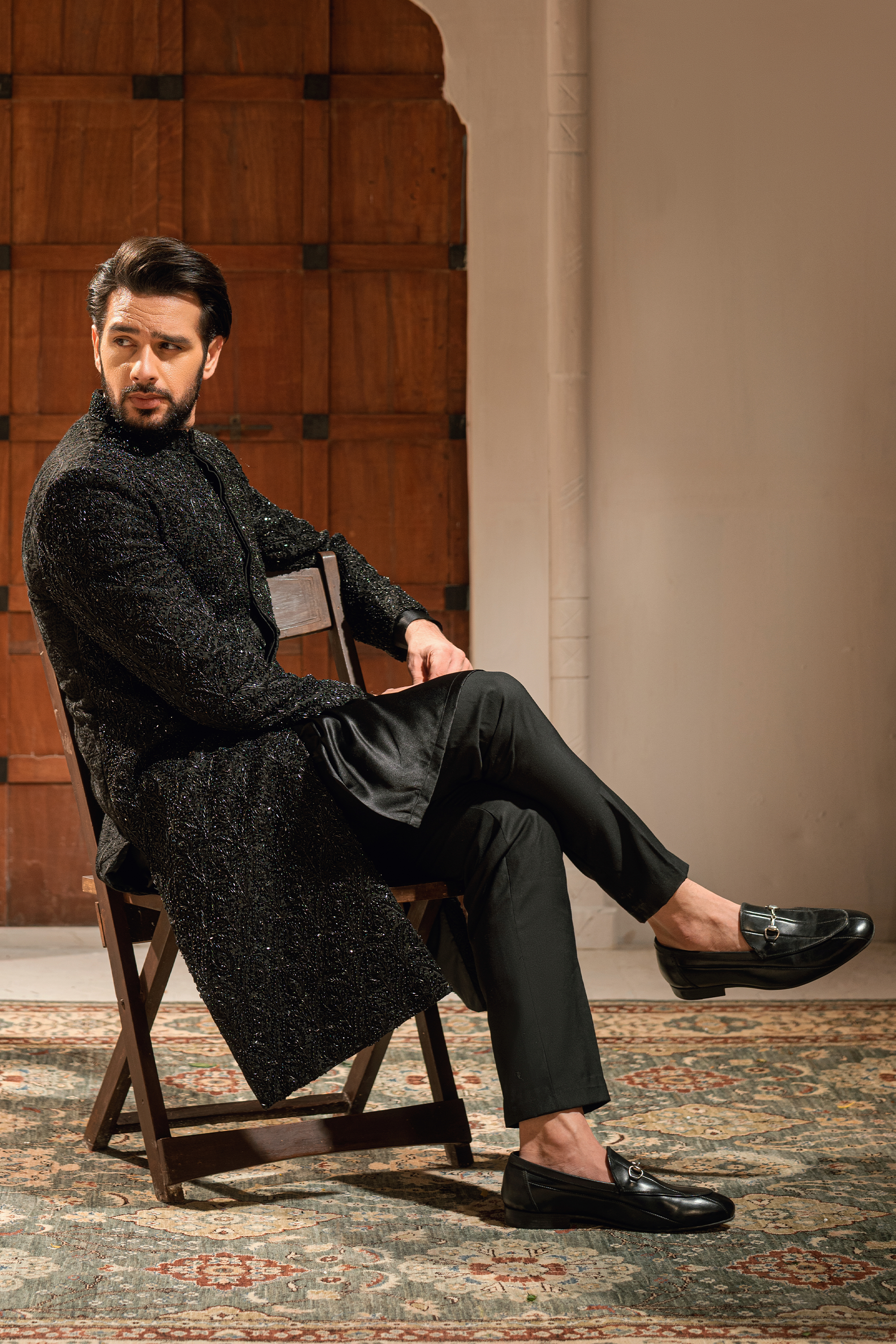 ER - 110 Dark Black Embroidered Sherwani