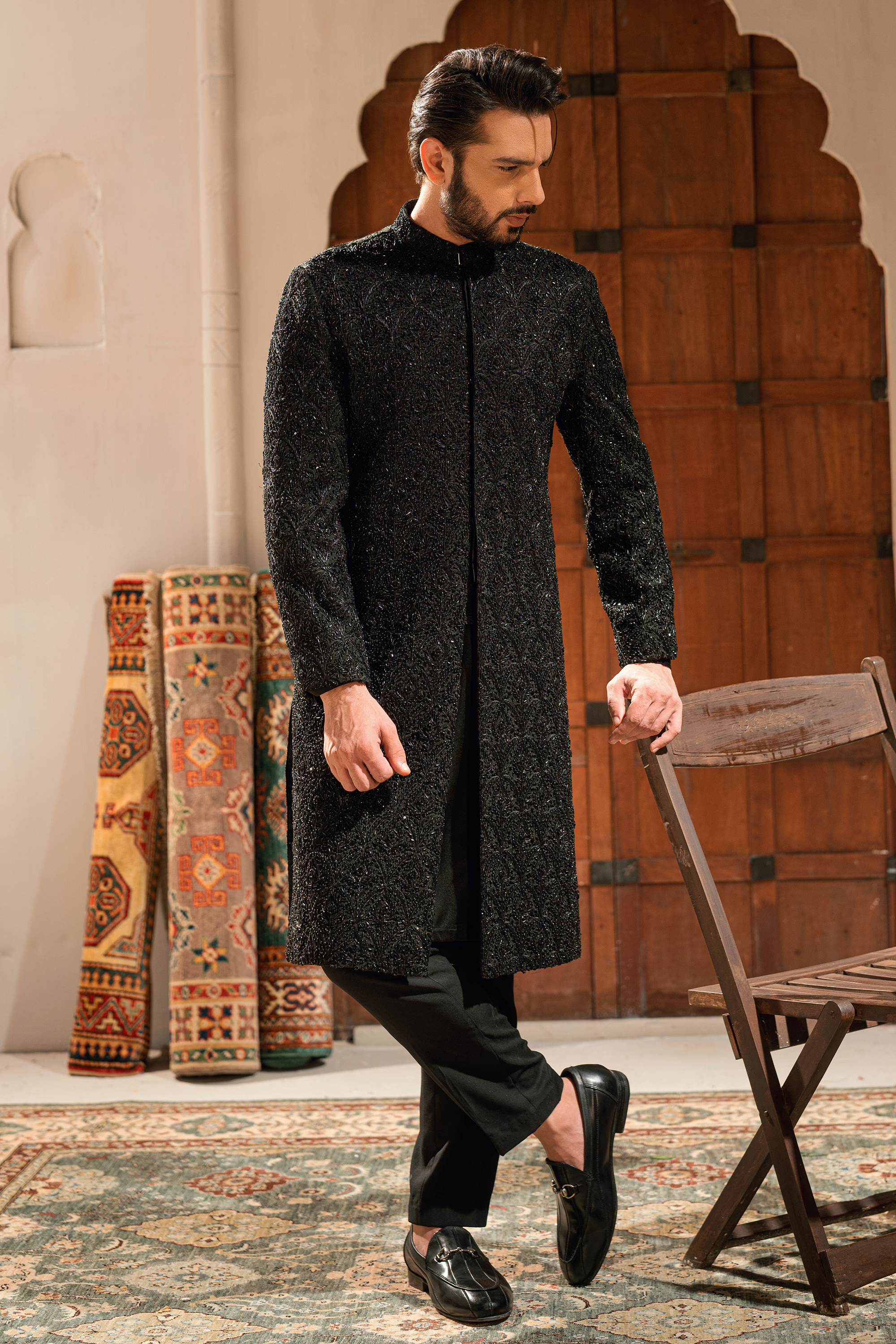 ER - 110 Dark Black Embroidered Sherwani