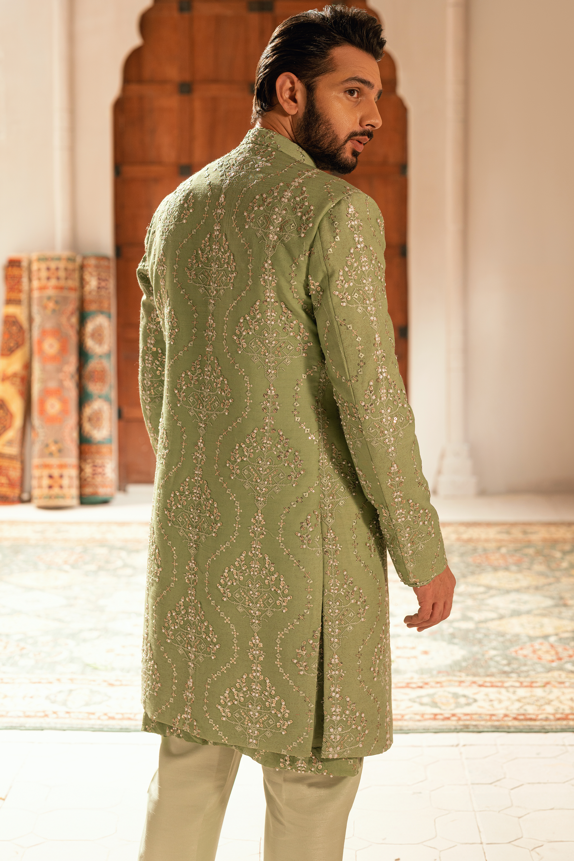 ER - 107 Sage Green Korean Silk Sherwani Set