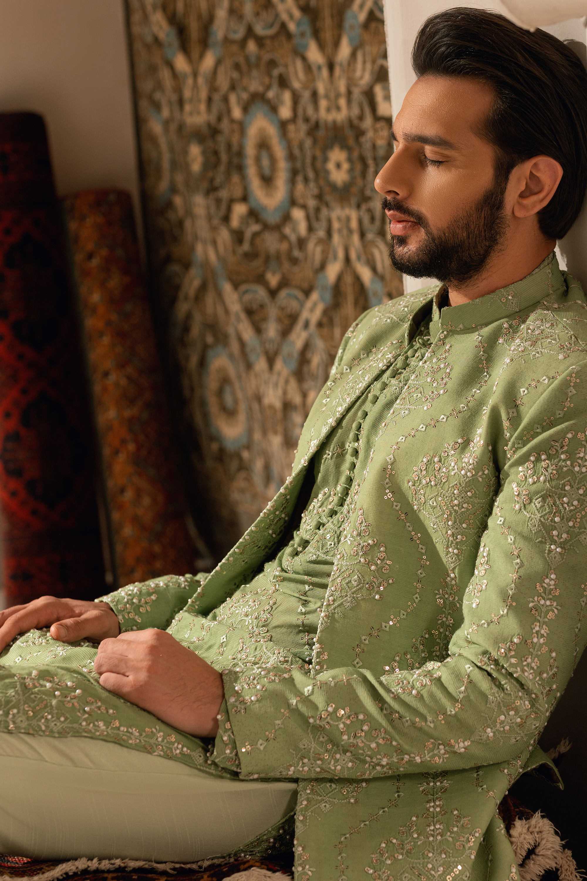 ER - 107 Sage Green Korean Silk Sherwani Set