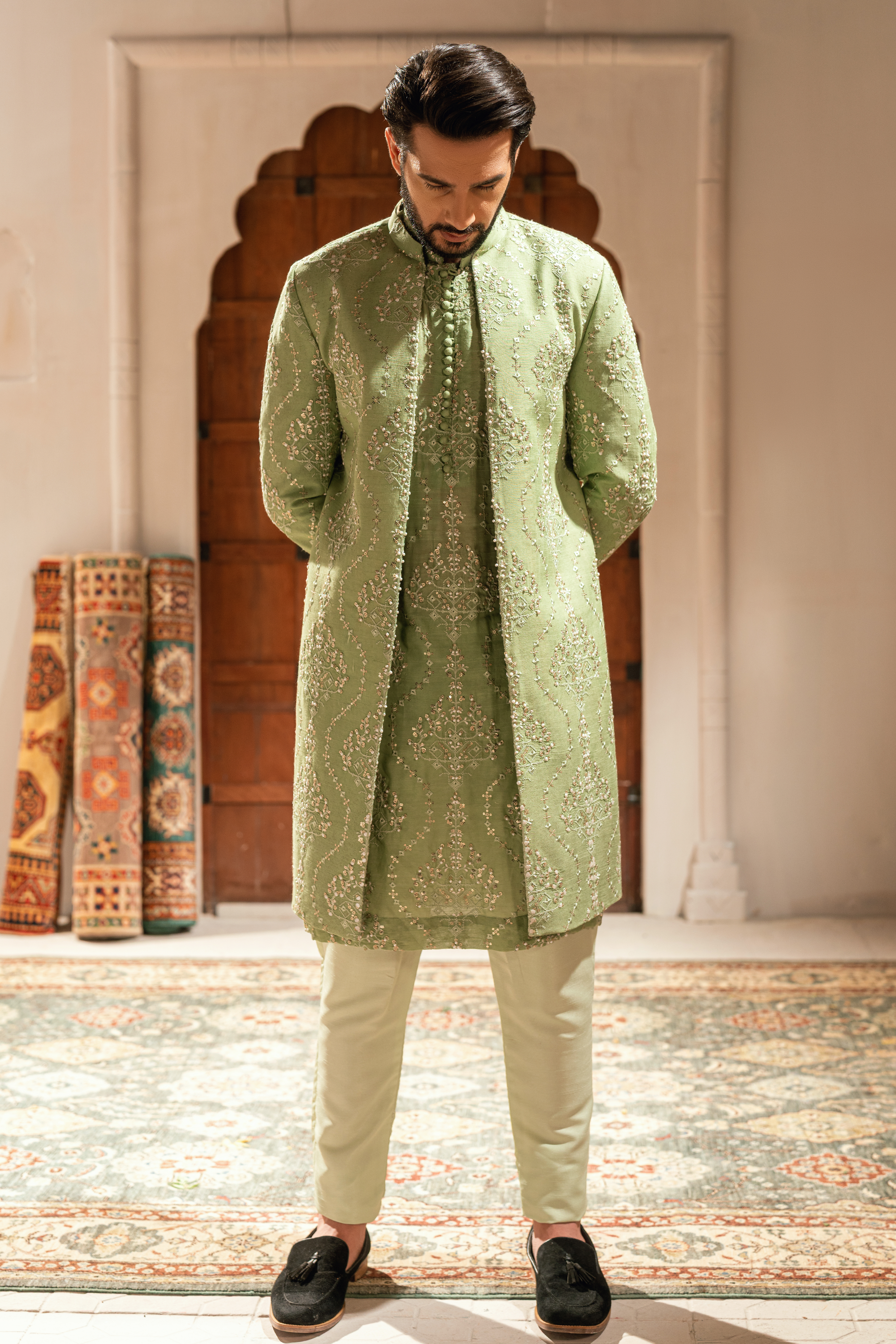 ER - 107 Sage Green Korean Silk Sherwani Set