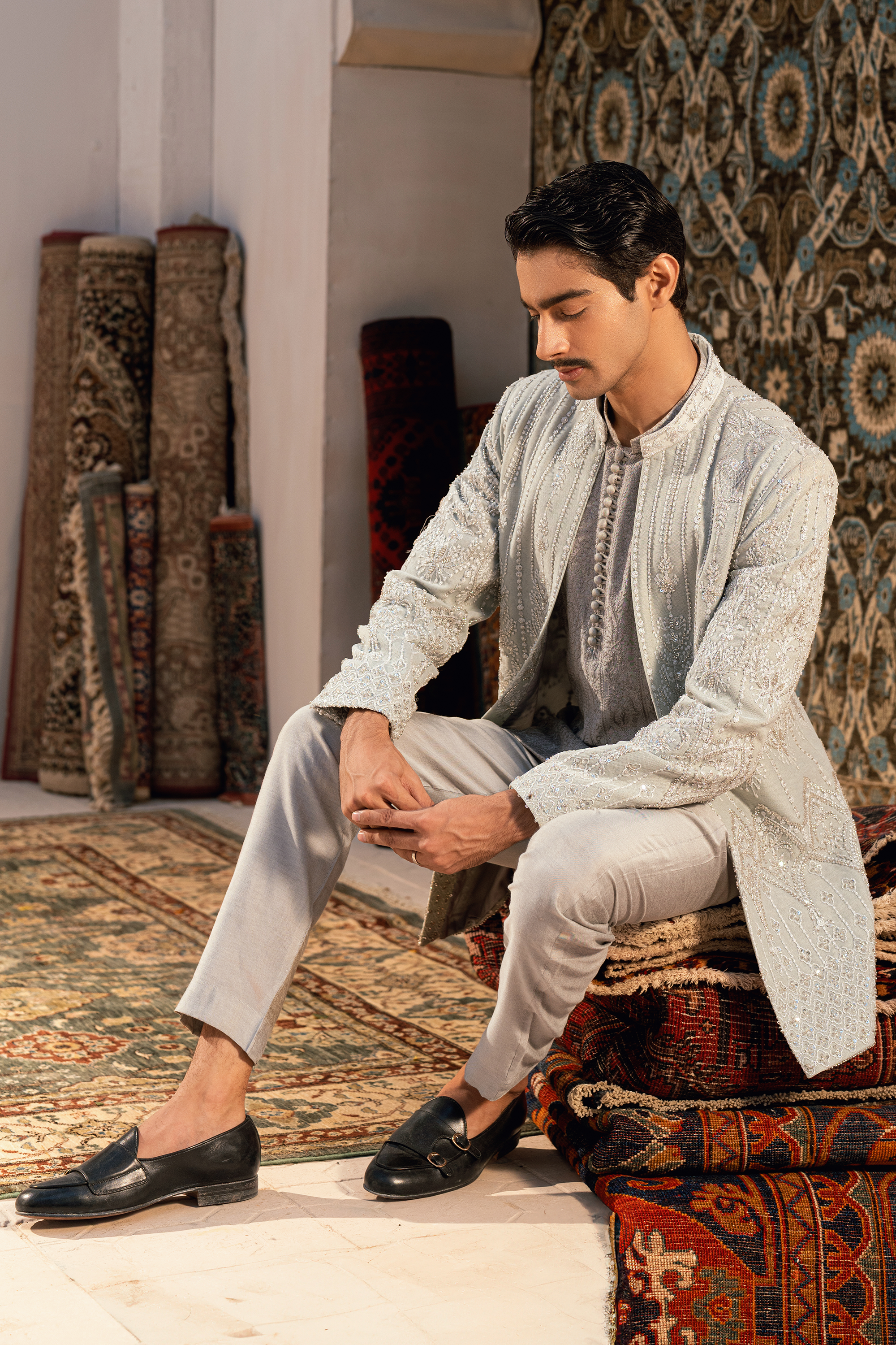 ER - 108 Silver Grey Embroidered Short Sherwani Set