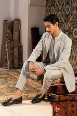 ER - 108 Silver Grey Embroidered Short Sherwani Set