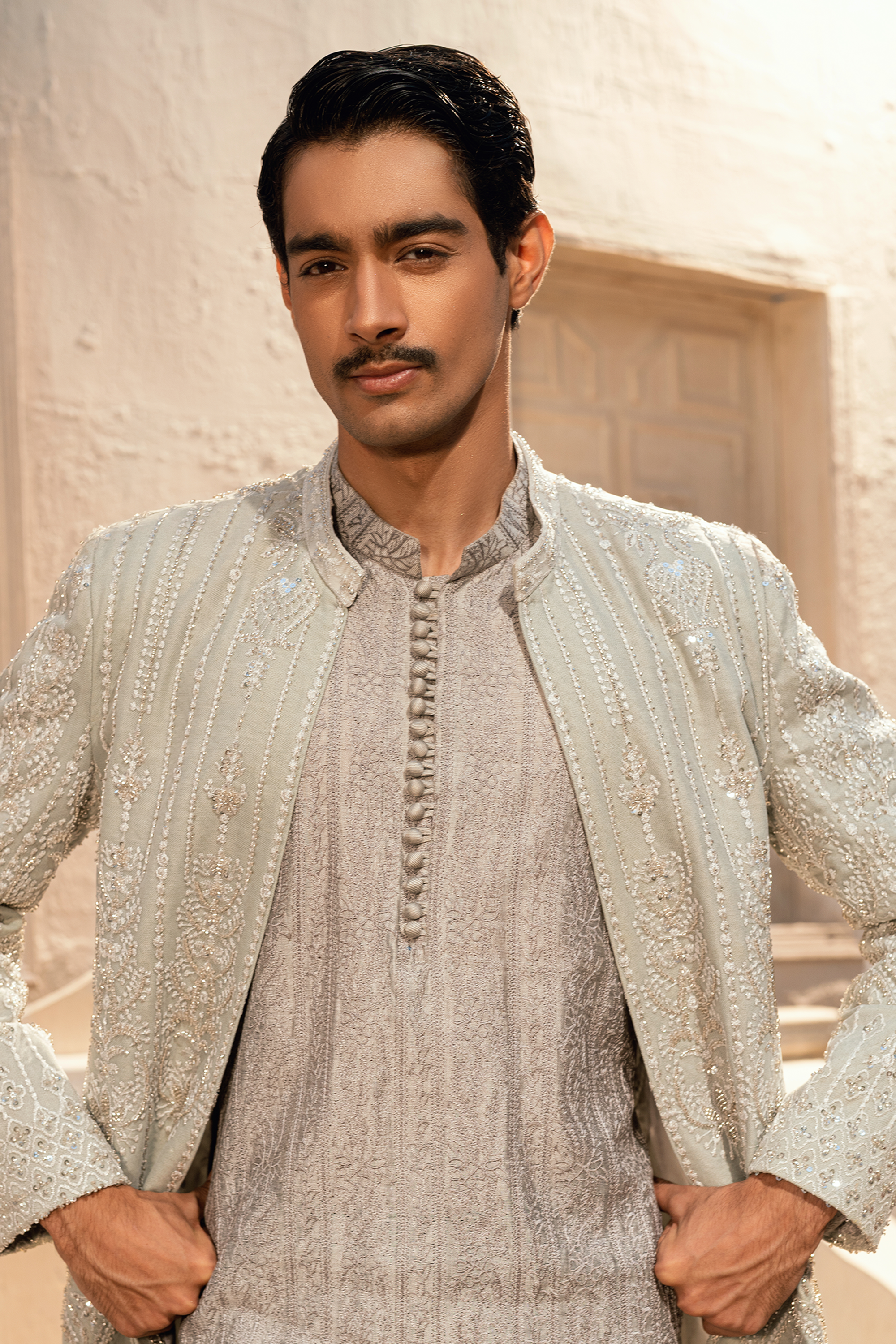 ER - 108 Silver Grey Embroidered Short Sherwani Set