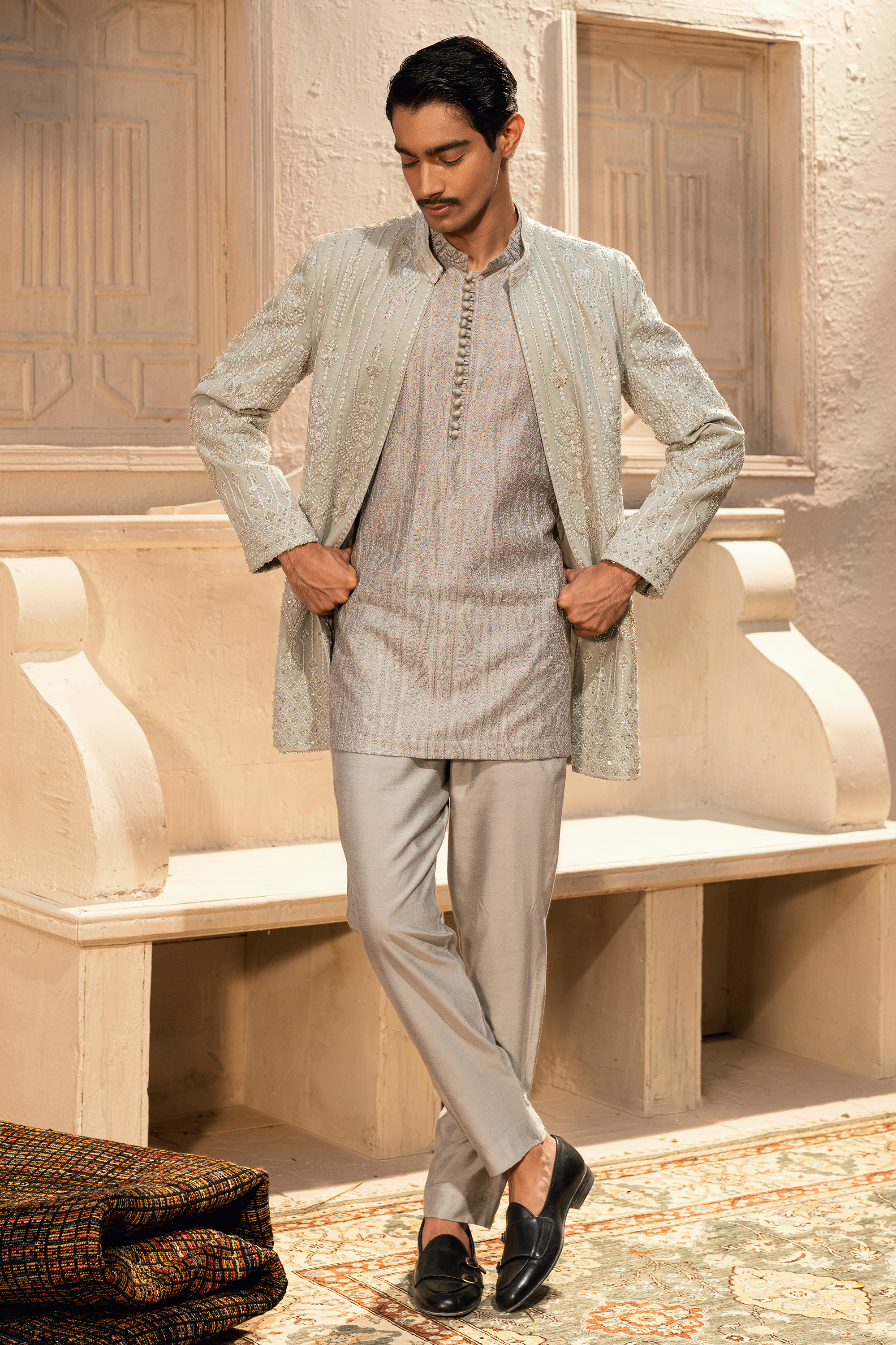 ER - 108 Silver Grey Embroidered Short Sherwani Set