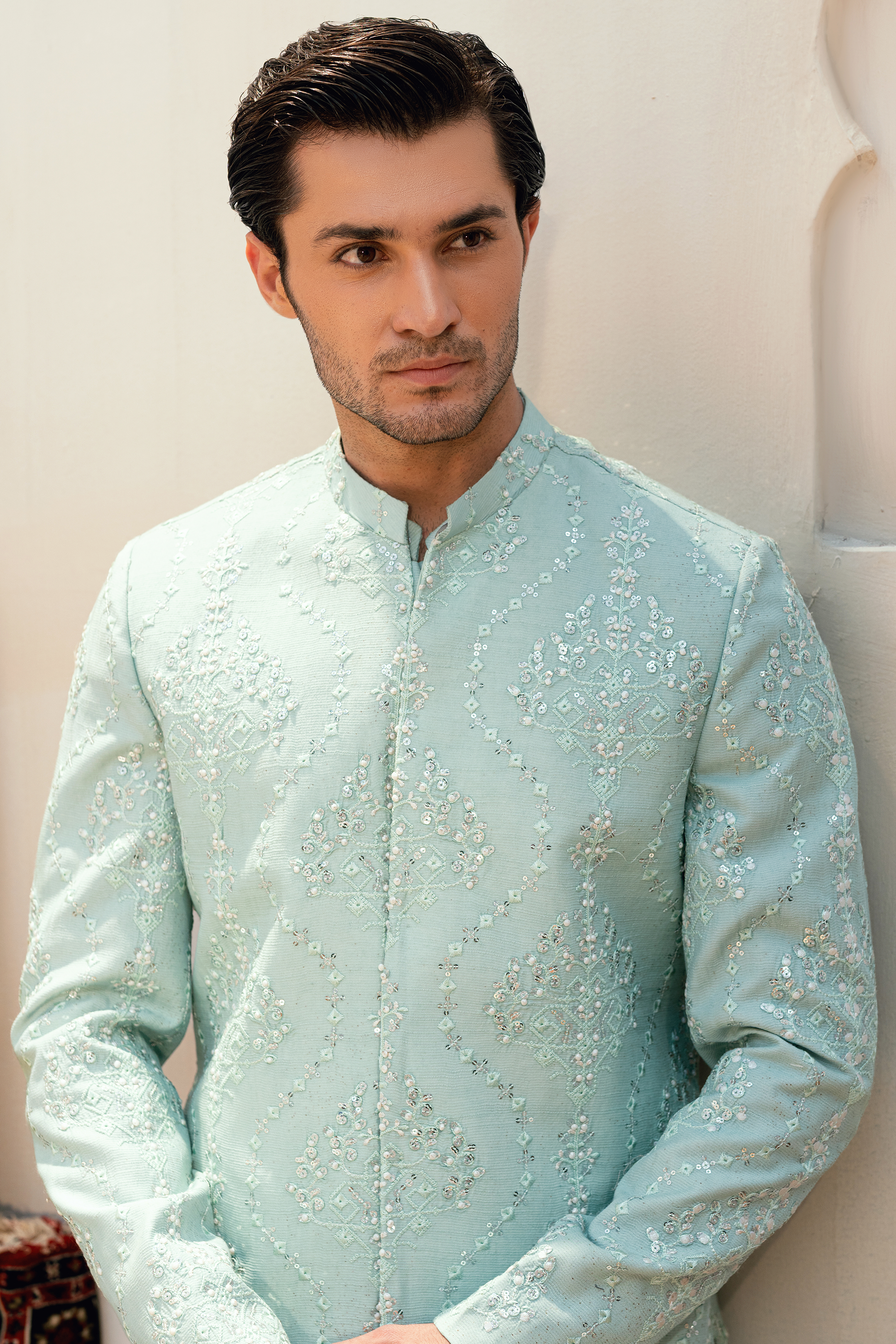 Light Blue Korean Silk Prince Coat Set