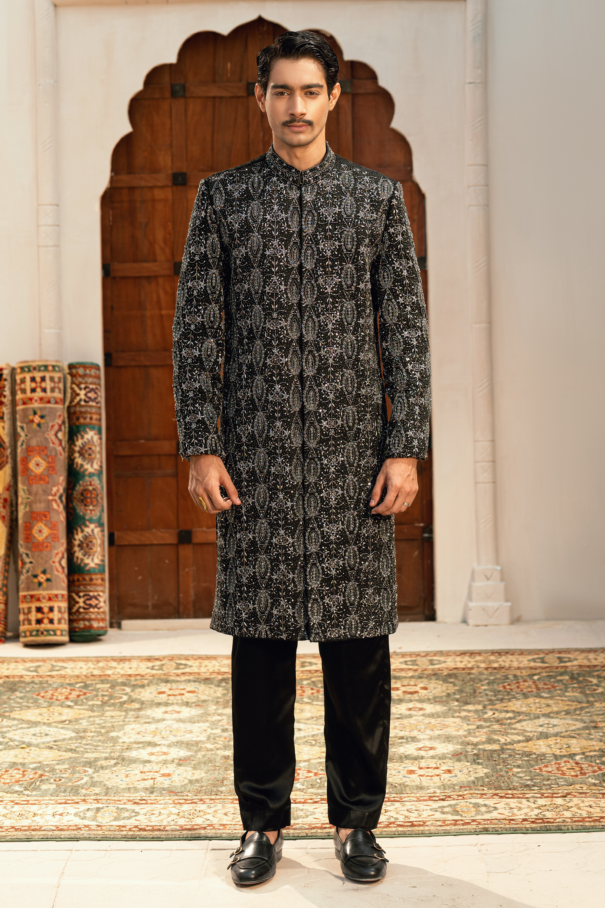 ER - 113 Dark Black Sherwani with Ash Grey Handwork