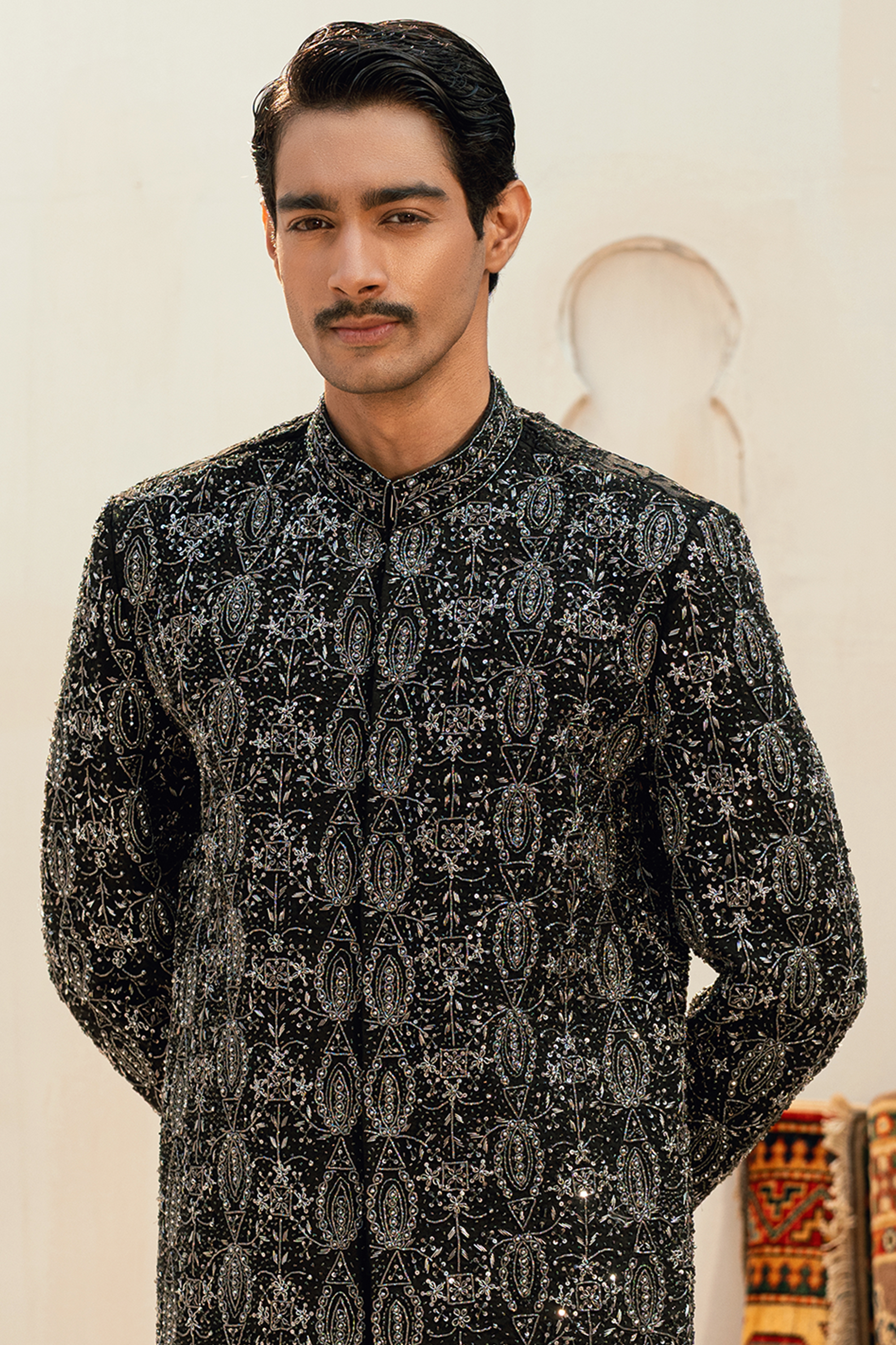 ER - 113 Dark Black Sherwani with Ash Grey Handwork