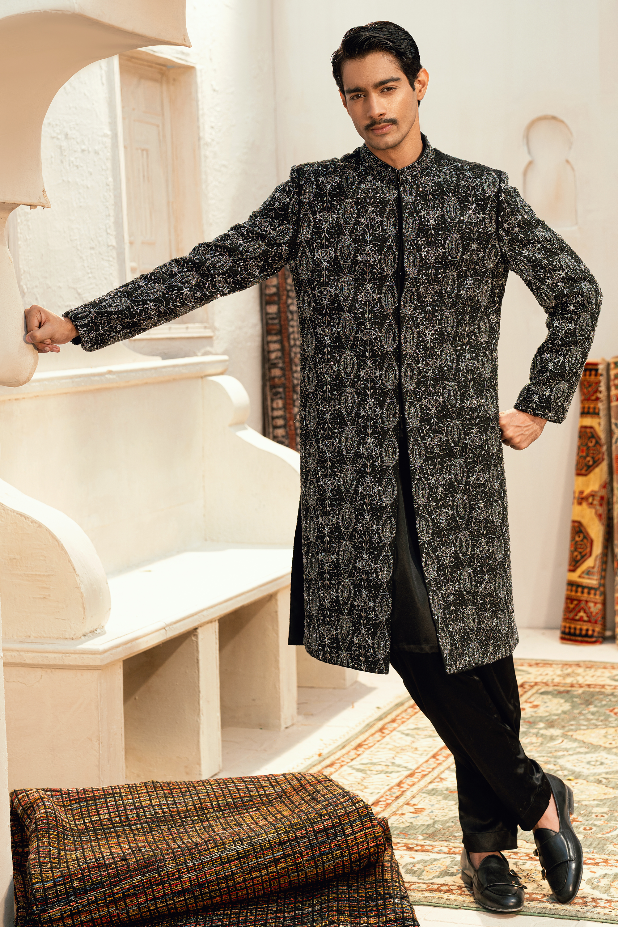 ER - 113 Dark Black Sherwani with Ash Grey Handwork