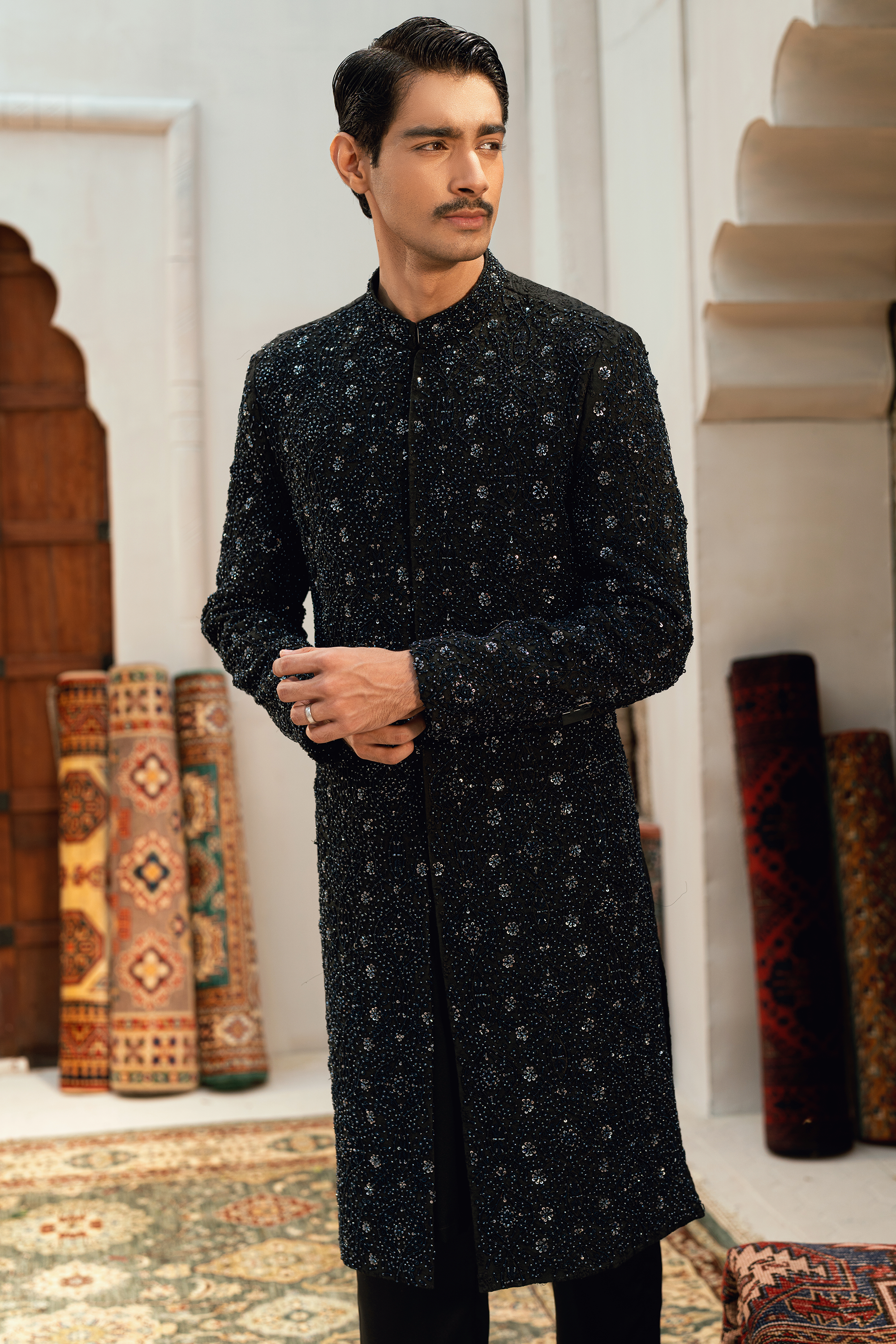 ER - 112 Jet Black Sherwani Featuring Ash Grey Embroidery