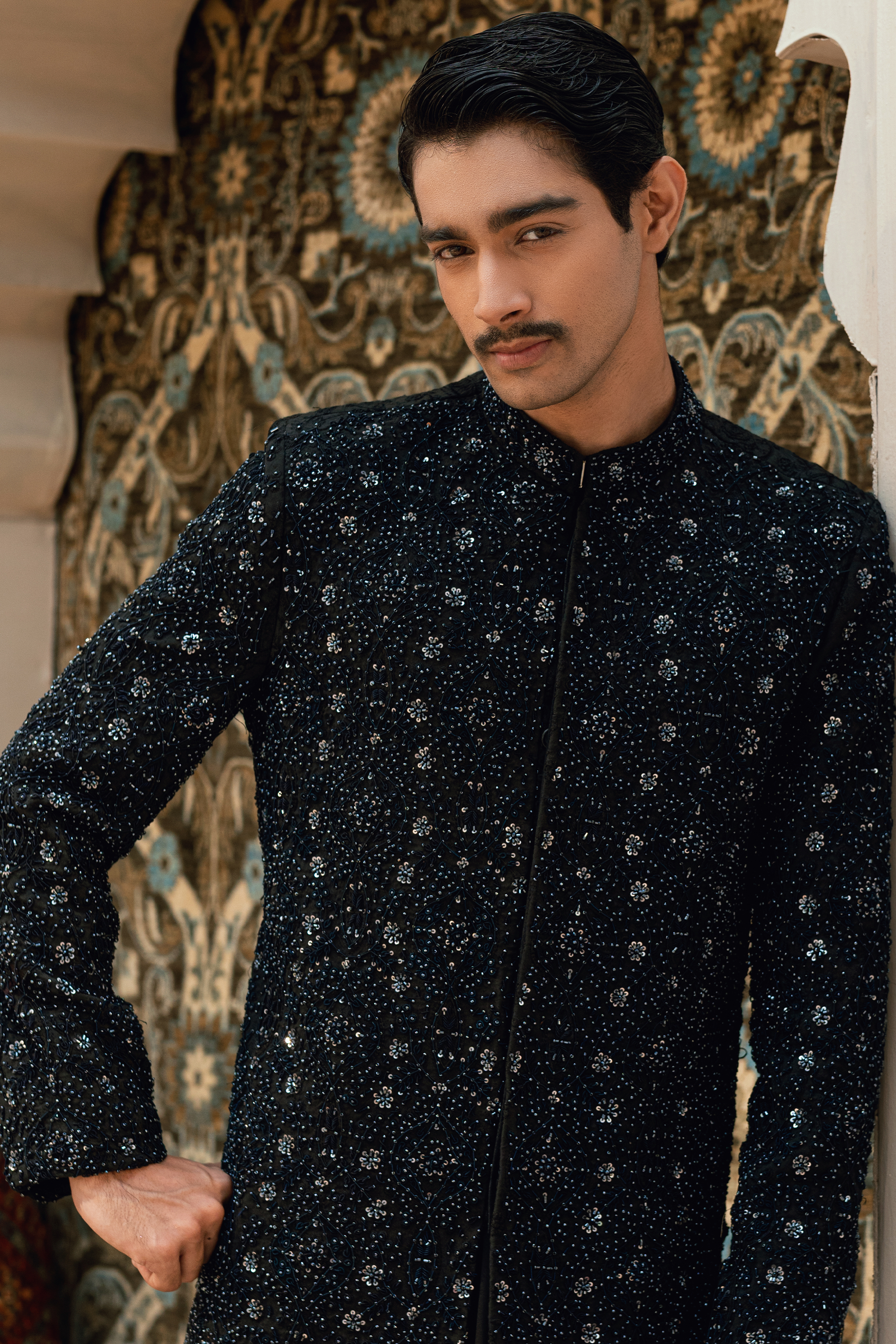 ER - 112 Jet Black Sherwani Featuring Ash Grey Embroidery