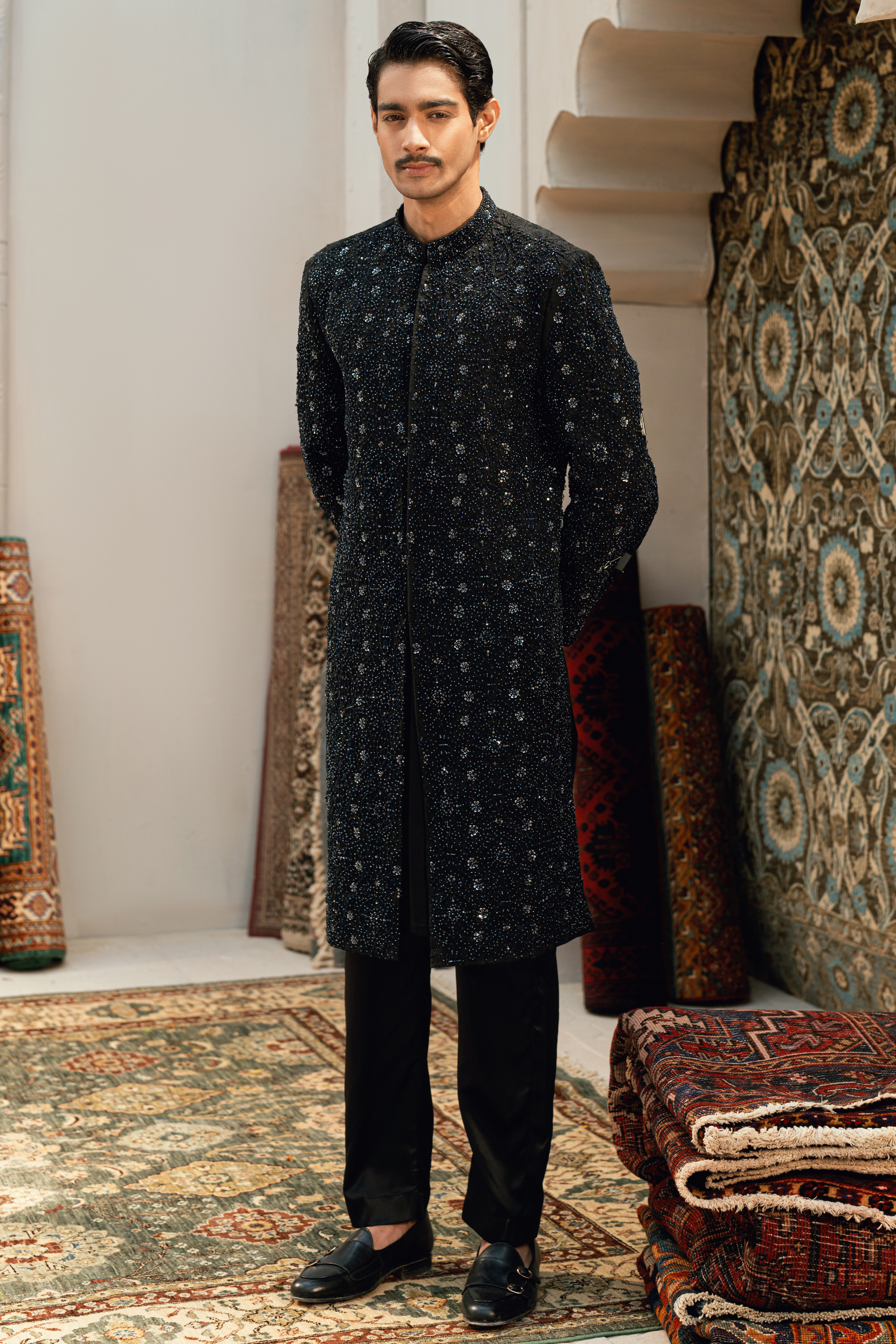 ER - 112 Jet Black Sherwani Featuring Ash Grey Embroidery