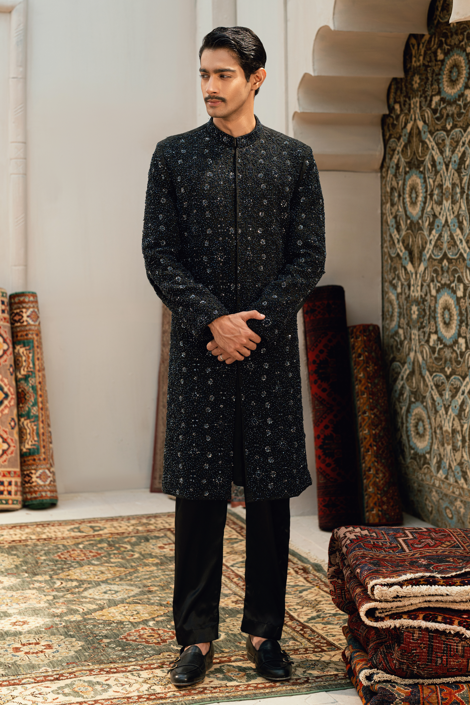 ER - 112 Jet Black Sherwani Featuring Ash Grey Embroidery
