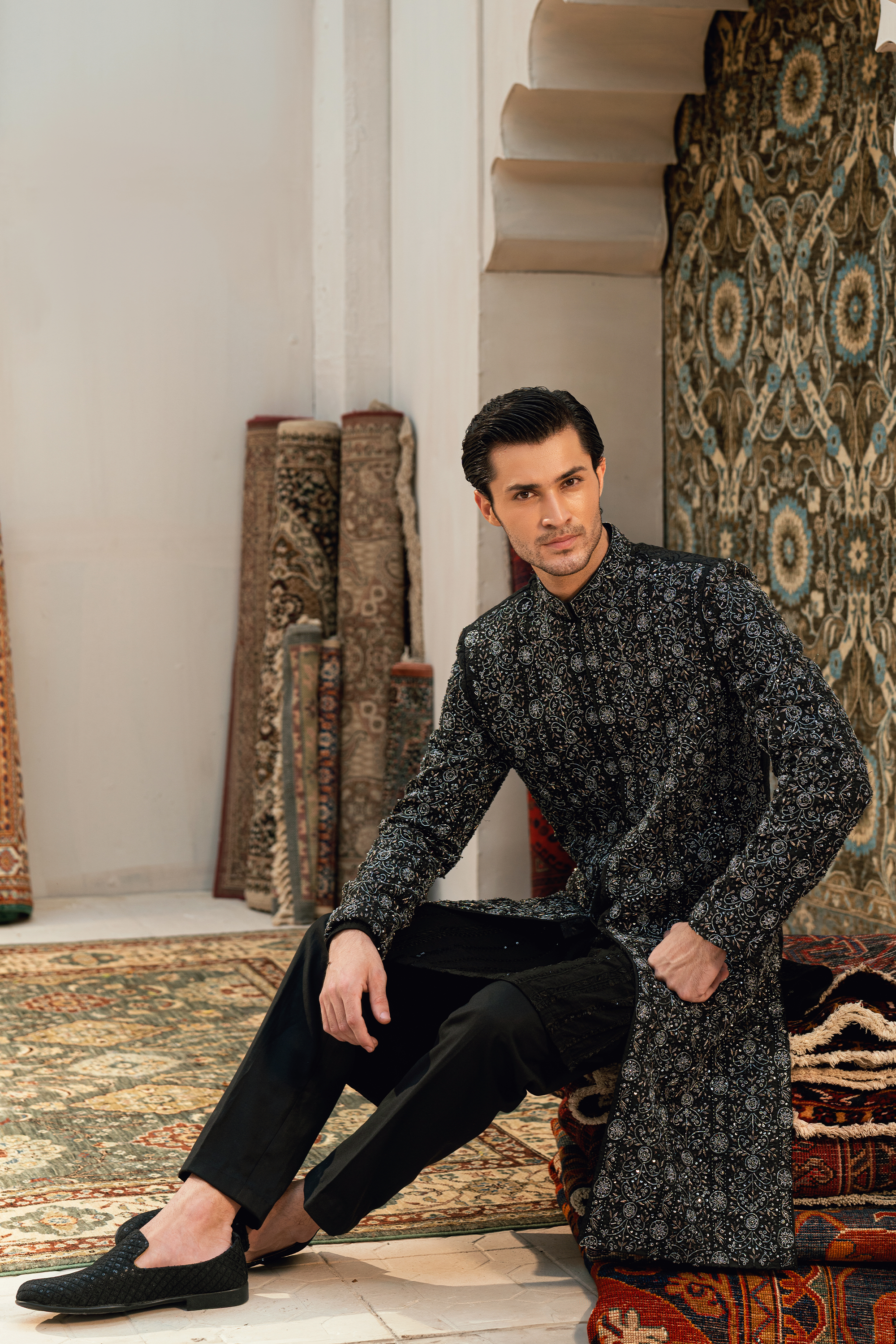 ER - 109 Midnight Black Sherwani detailed with Ash Grey embellishments