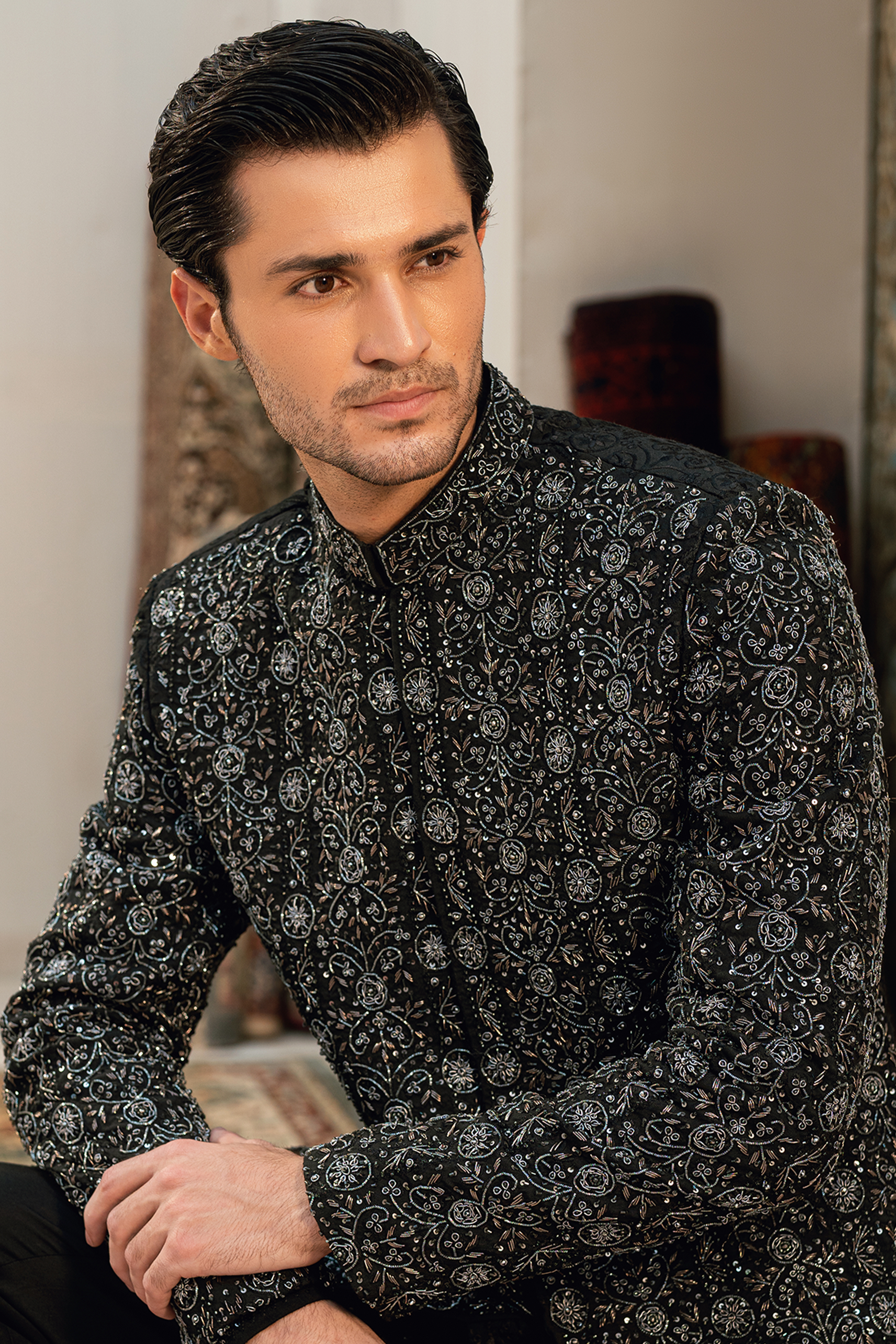 ER - 109 Midnight Black Sherwani detailed with Ash Grey embellishments