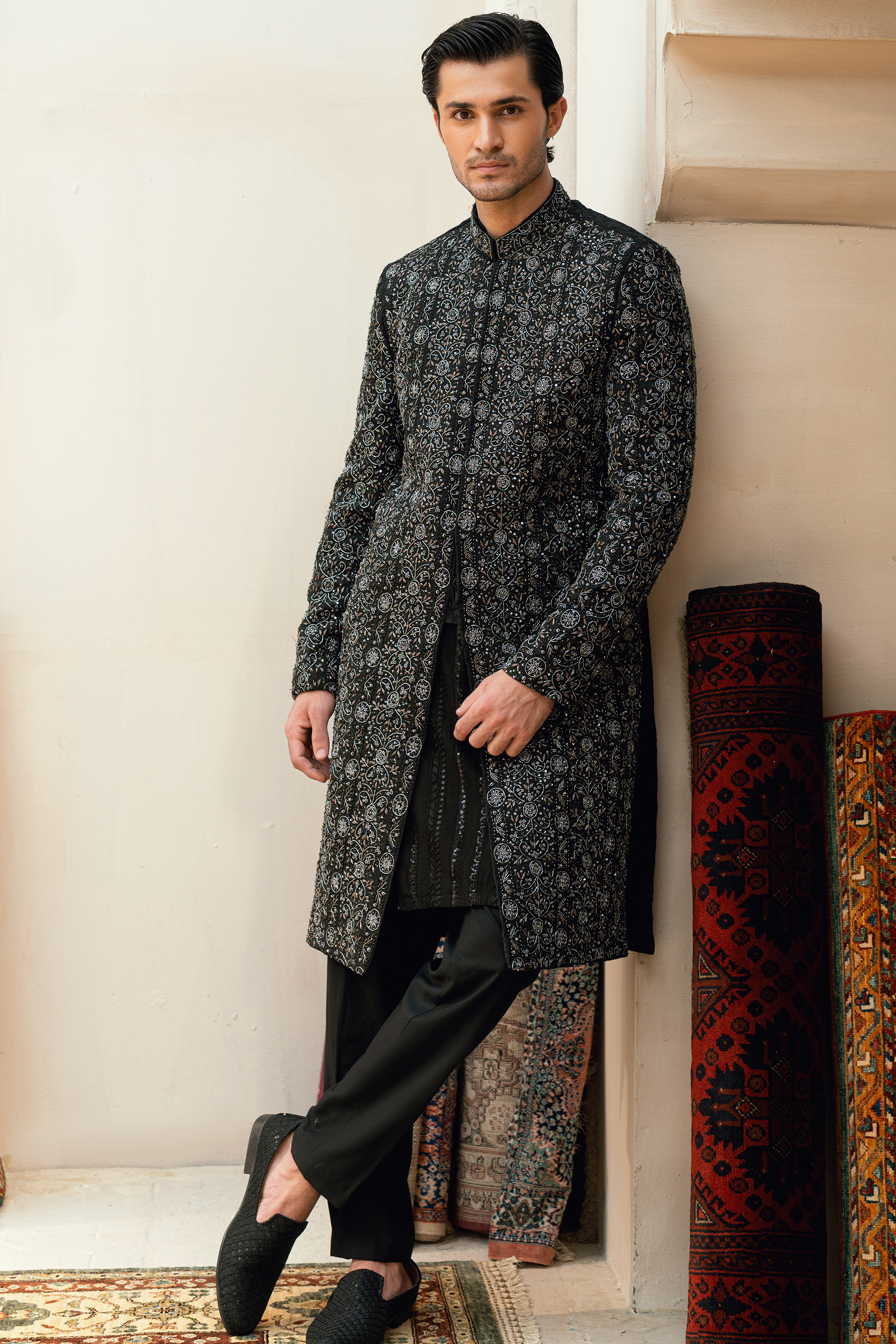 ER - 109 Midnight Black Sherwani detailed with Ash Grey embellishments