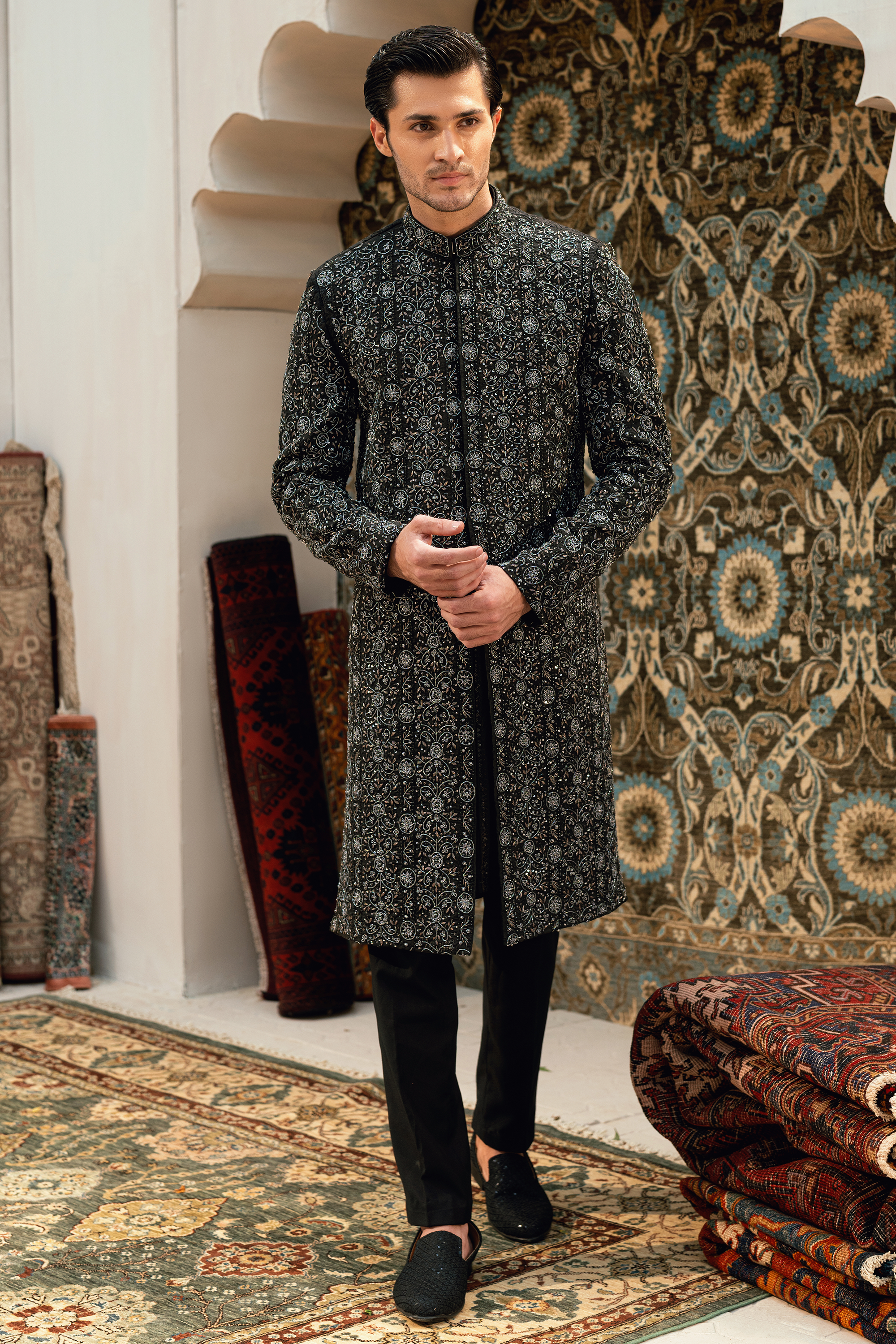 ER - 109 Midnight Black Sherwani detailed with Ash Grey embellishments