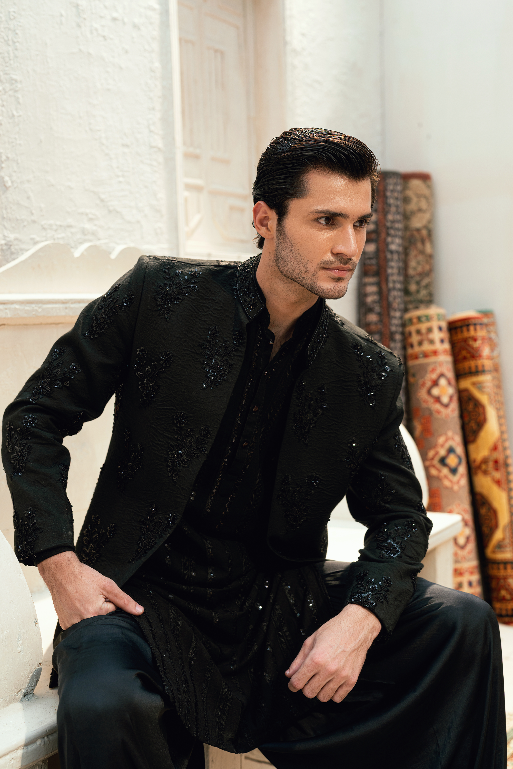Dark Black Kurta Shalwar with Prince Coat