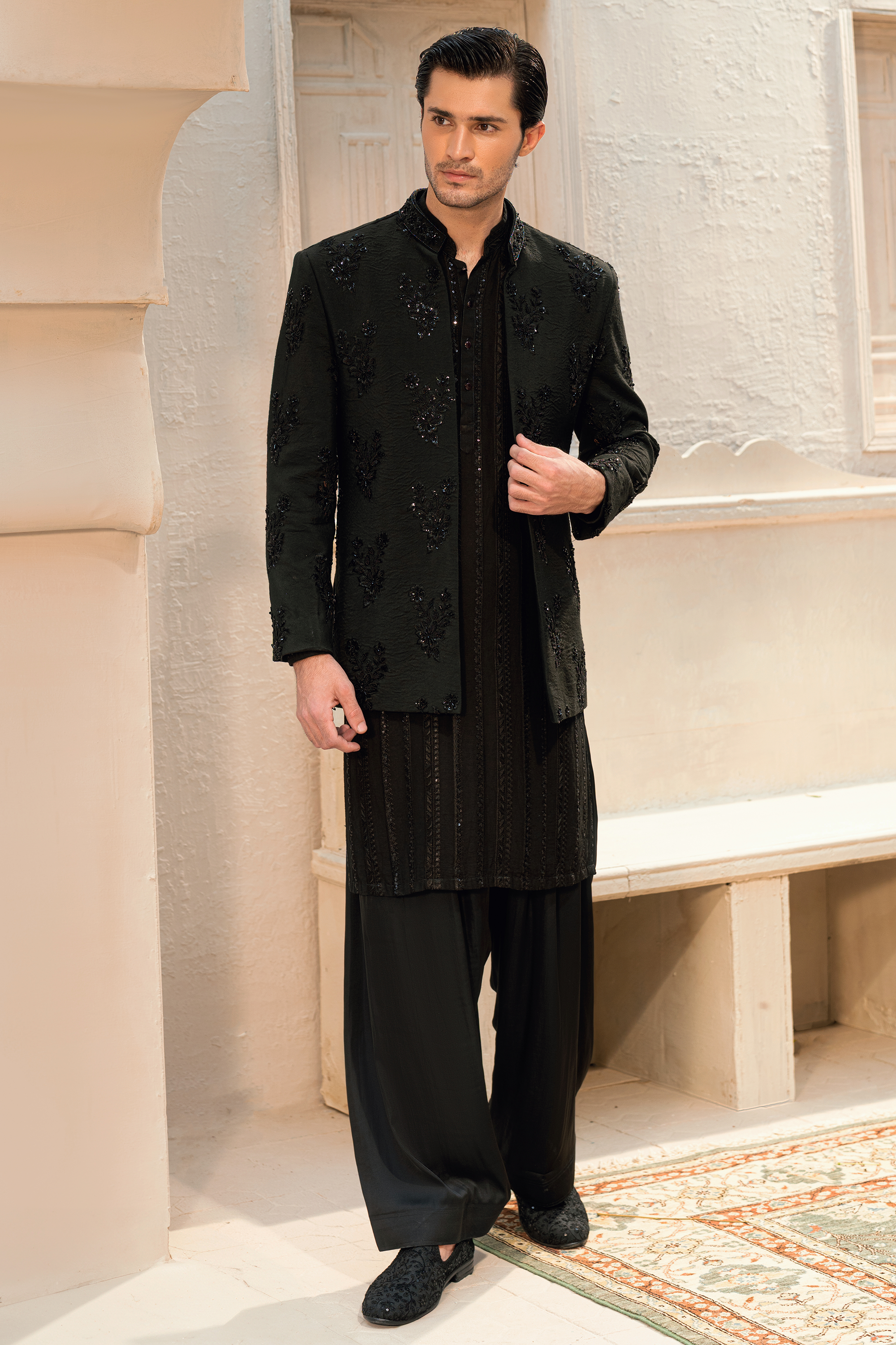 Dark Black Kurta Shalwar with Prince Coat