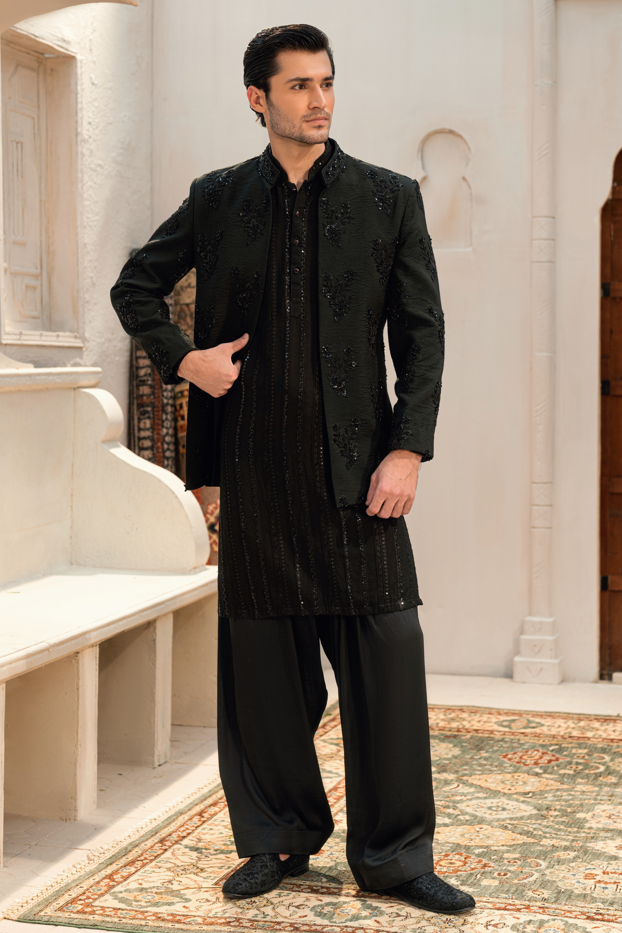Dark Black Kurta Shalwar with Prince Coat