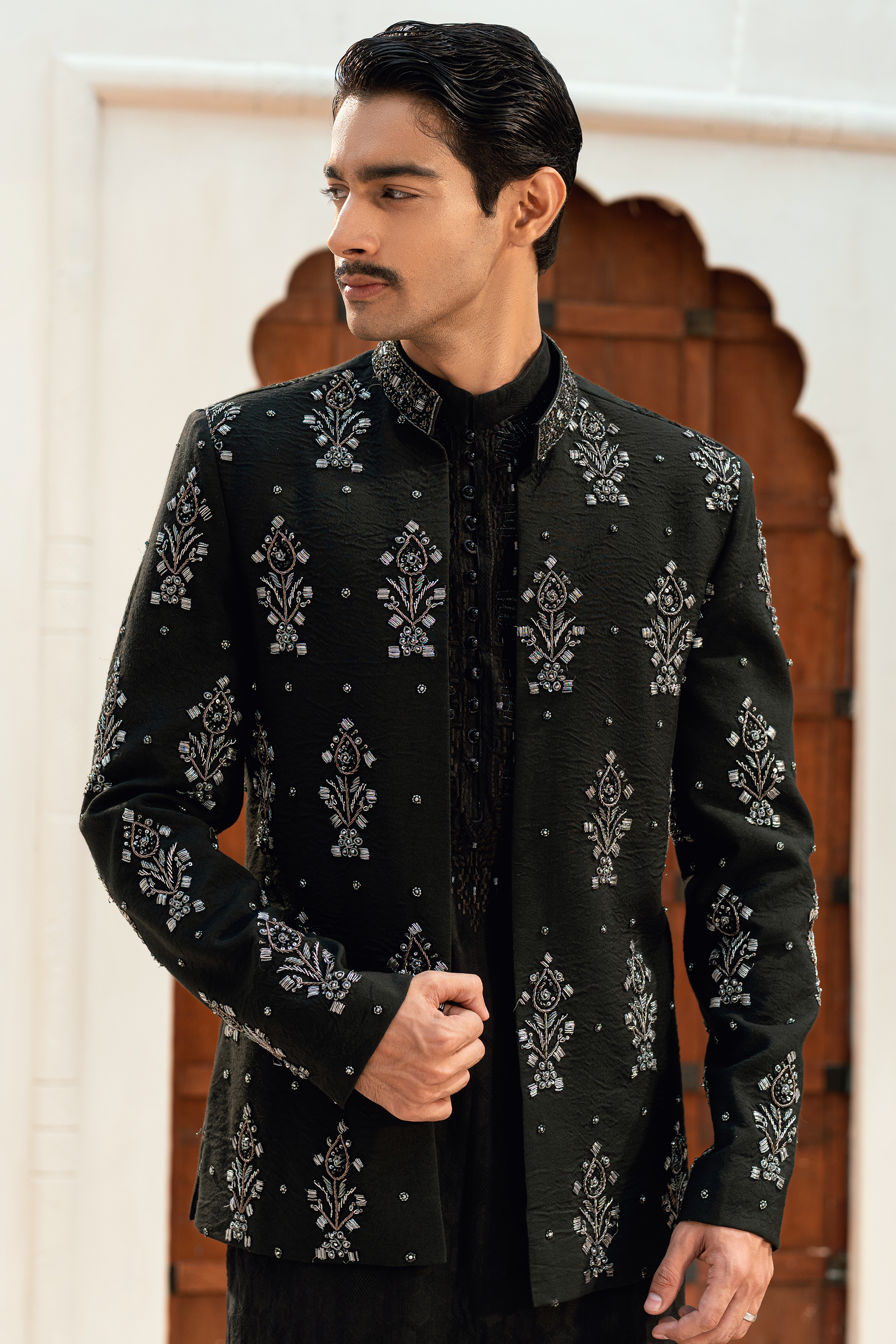 Dark Black Kurta Pajama with Ash Grey Prince Coat