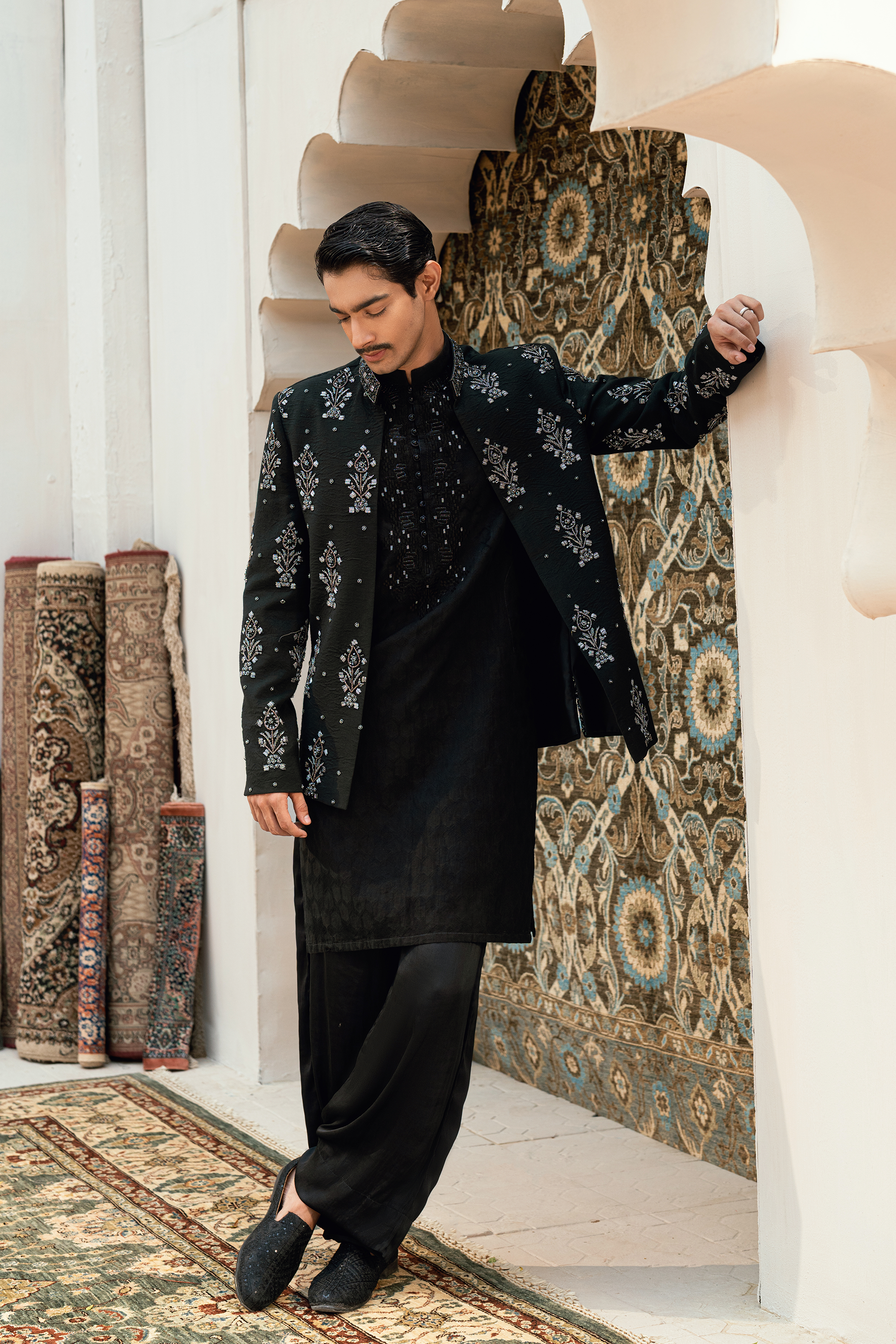 Dark Black Kurta Pajama with Ash Grey Prince Coat