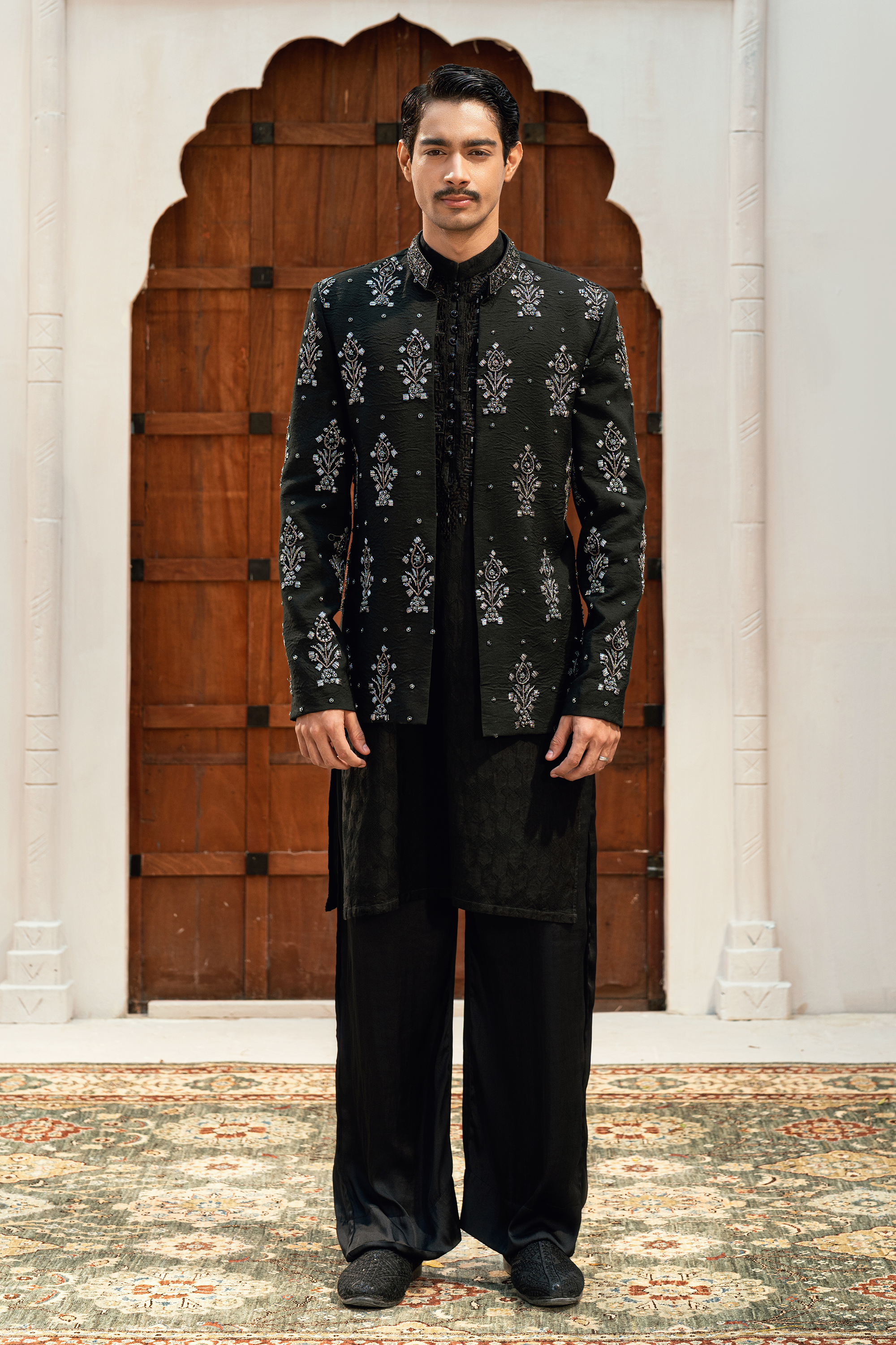 Dark Black Kurta Pajama with Ash Grey Prince Coat